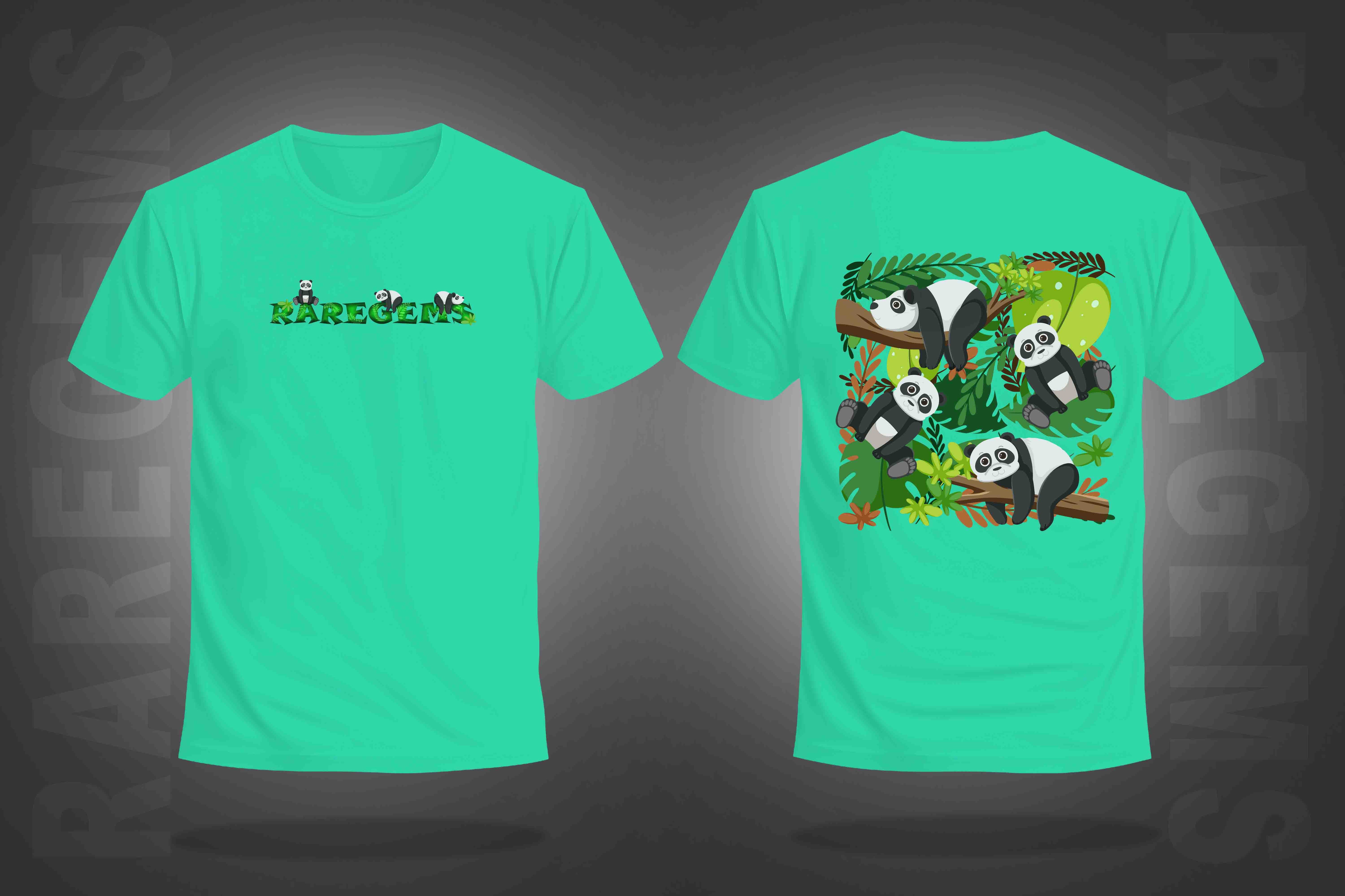 Mint Green Half Sleeve Round Neck Four Pandas Printed Regular T-Shirt