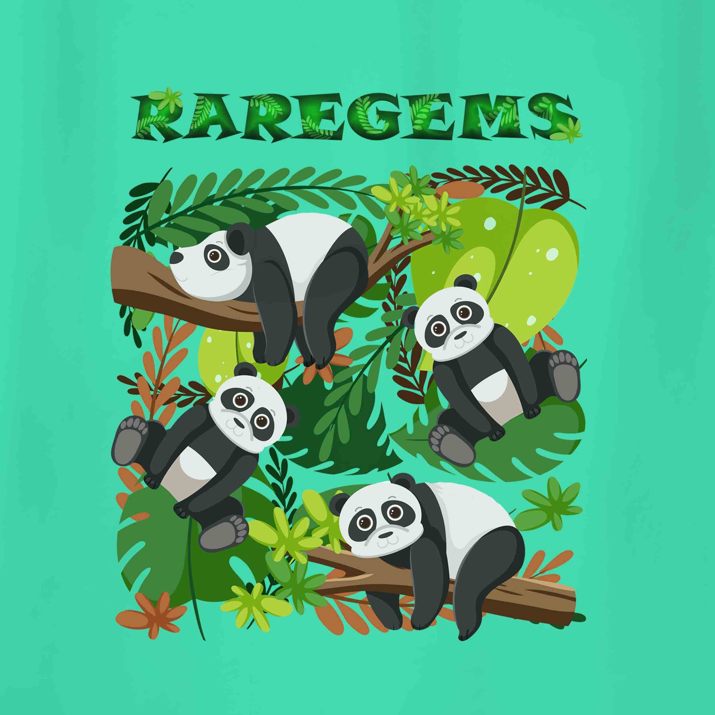 Mint Green Half Sleeve Round Neck Four Pandas Printed Regular T-Shirt