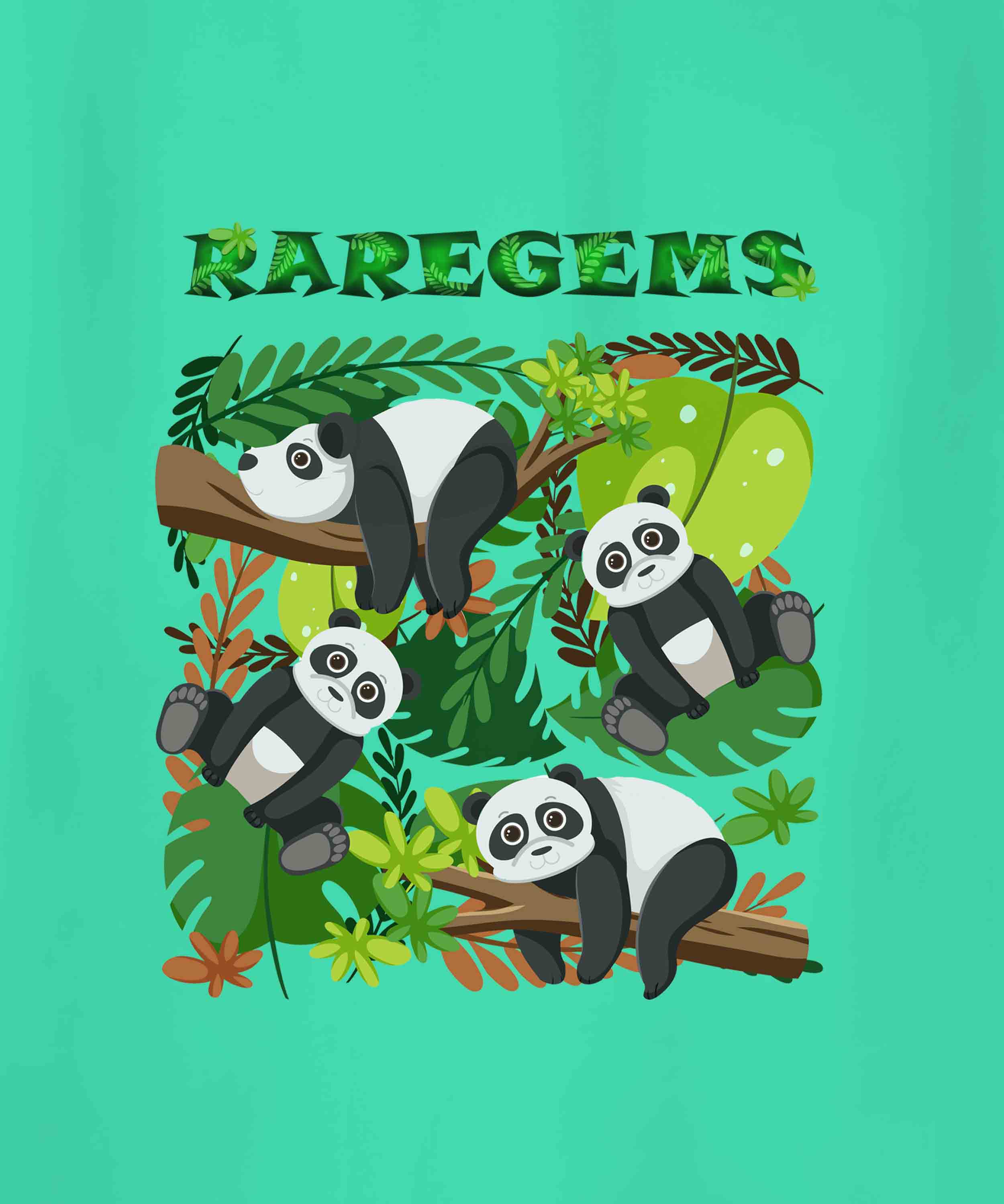 Mint Green Half Sleeve Round Neck Four Pandas Printed Regular T-Shirt