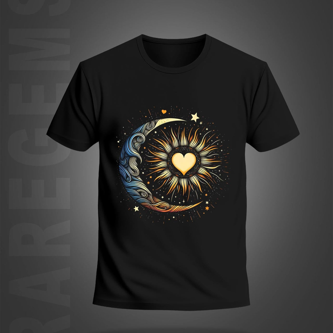 Black Half Sleeve Round Neck Beautiful Sun And Moon Printed Regular T-Shirt