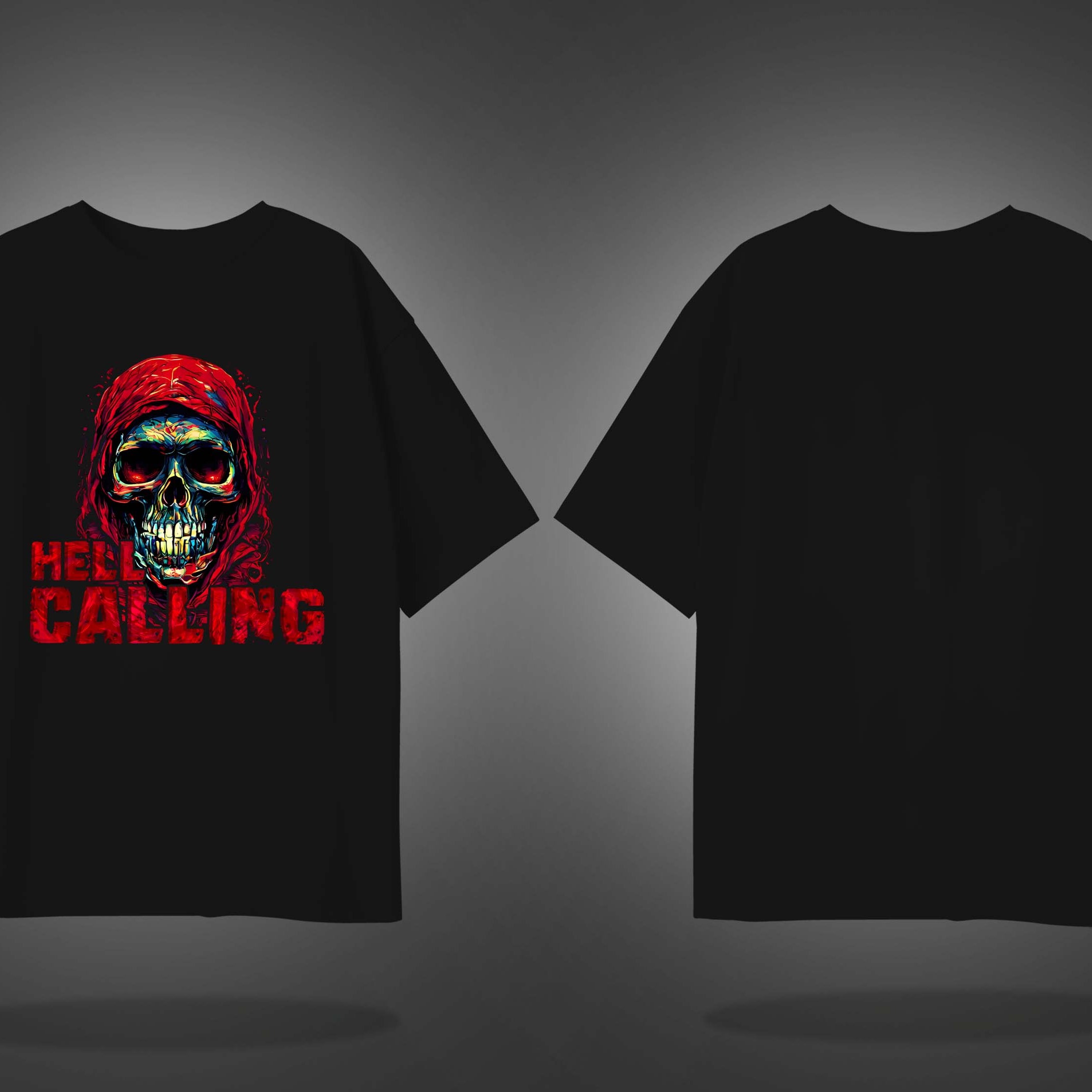 Black Half Sleeve Round Neck  Hell Calling Skull Printed Oversize T-Shirt