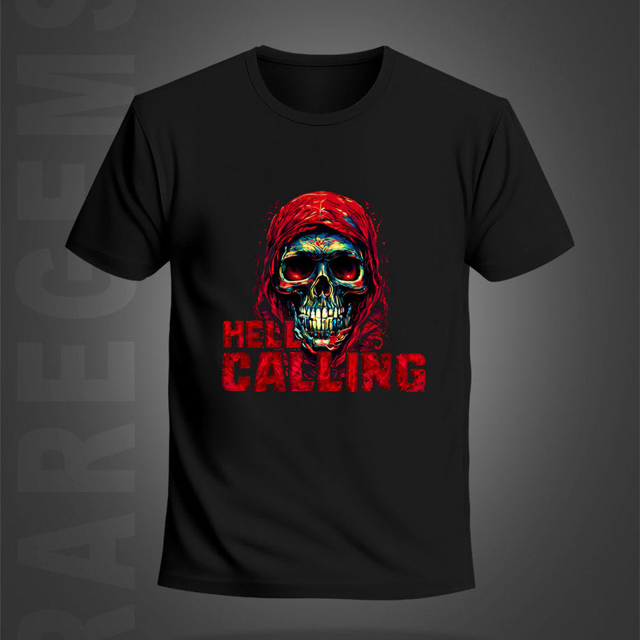 Black Half Sleeve Round Neck Hell Calling Skull Printed Regular T-Shirt