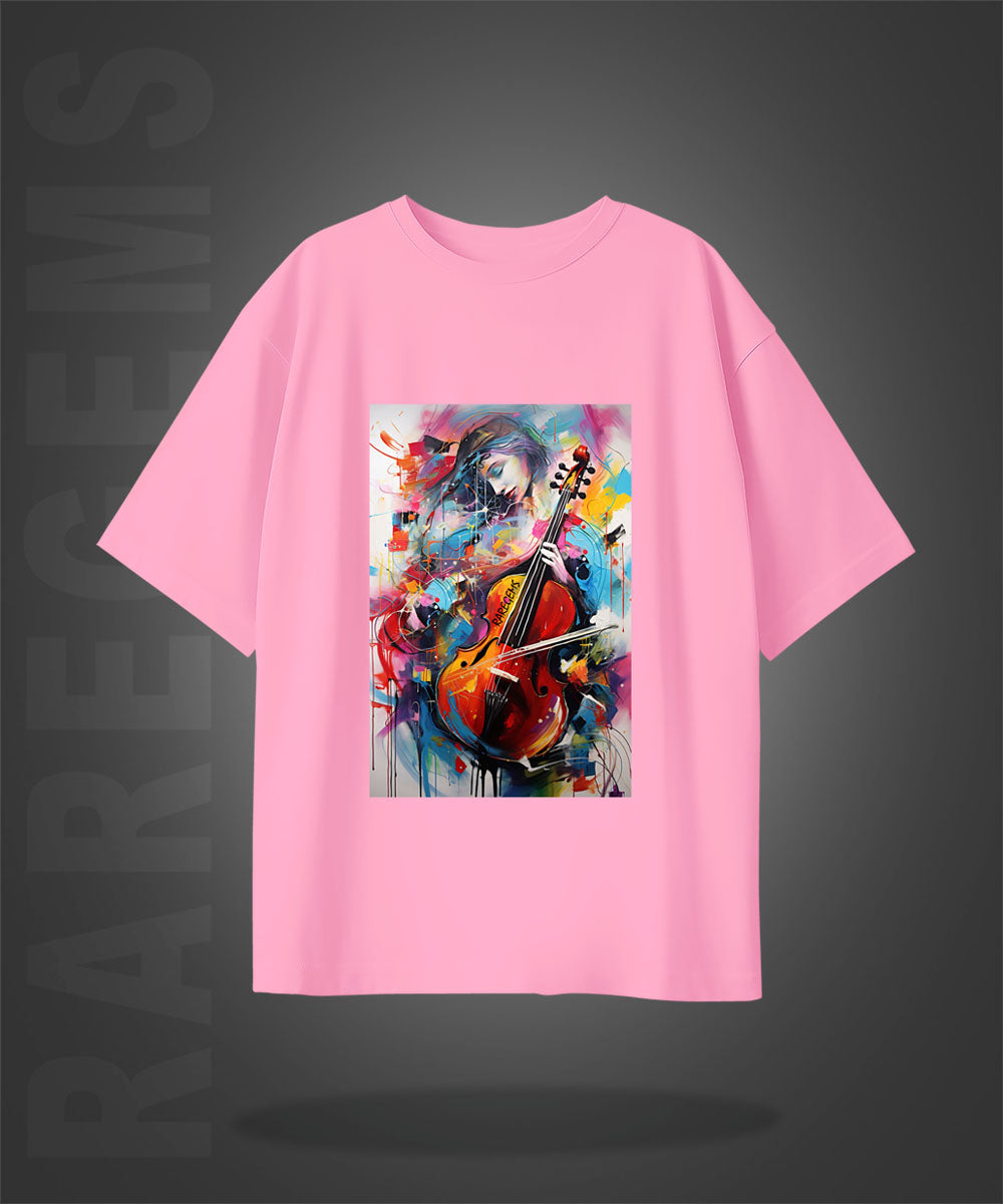 Pink Half Sleeve Round Neck Beautiful Girl Painting Printed Oversize T-Shirt
