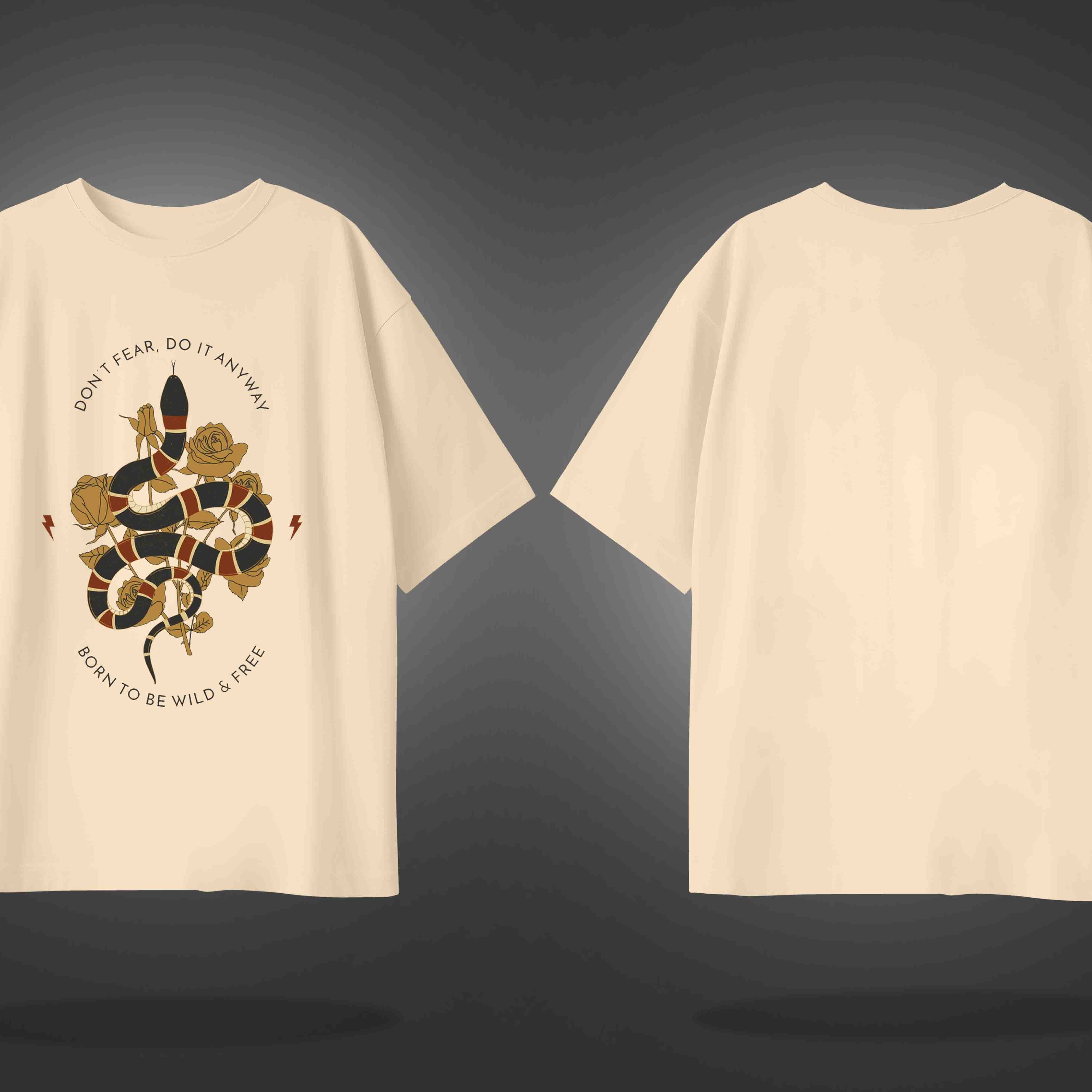 Beige Half Sleeve Round Neck Snake With Roses Printed  Oversize  T-Shirt