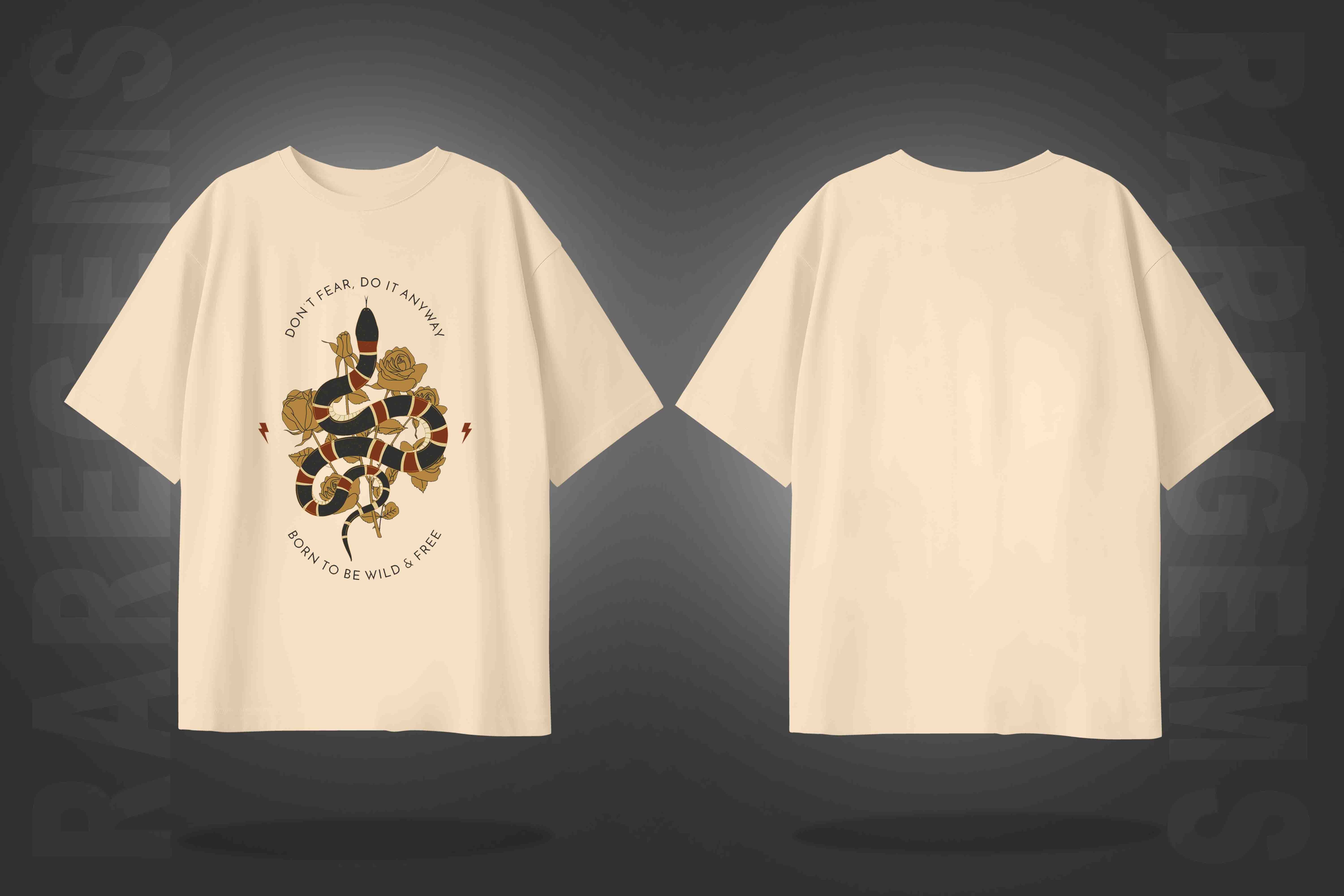Beige Half Sleeve Round Neck Snake With Roses Printed  Oversize  T-Shirt