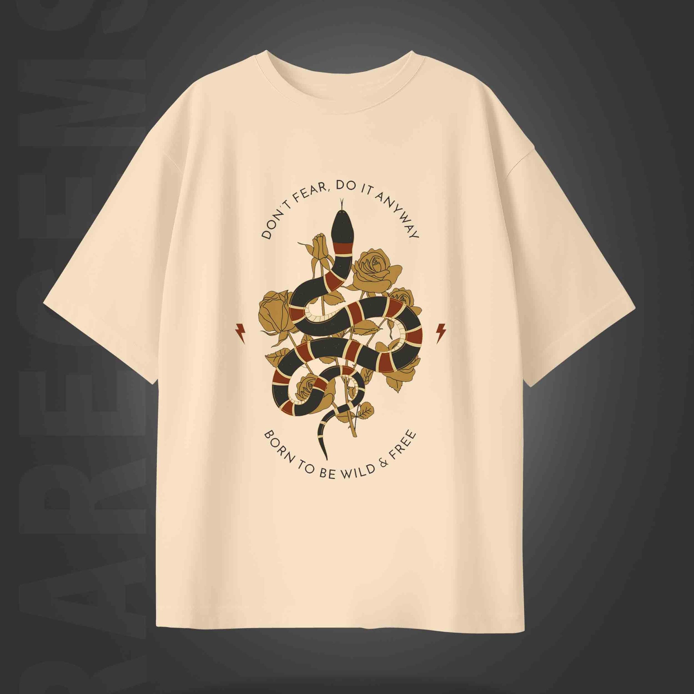 Beige Half Sleeve Round Neck Snake With Roses Printed  Oversize  T-Shirt
