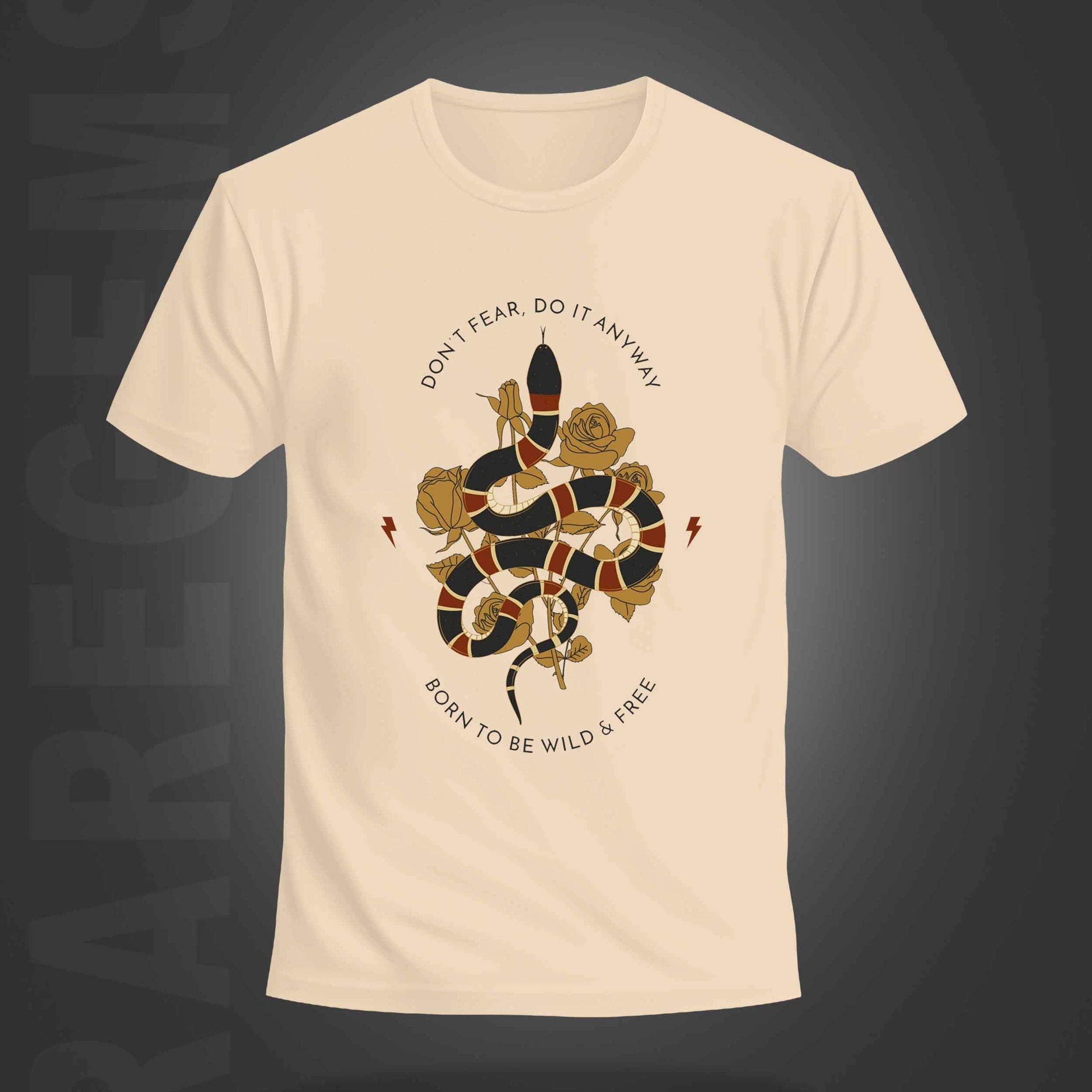 Beige Half Sleeve Round Neck Snake With Roses Printed Regular T-Shirt