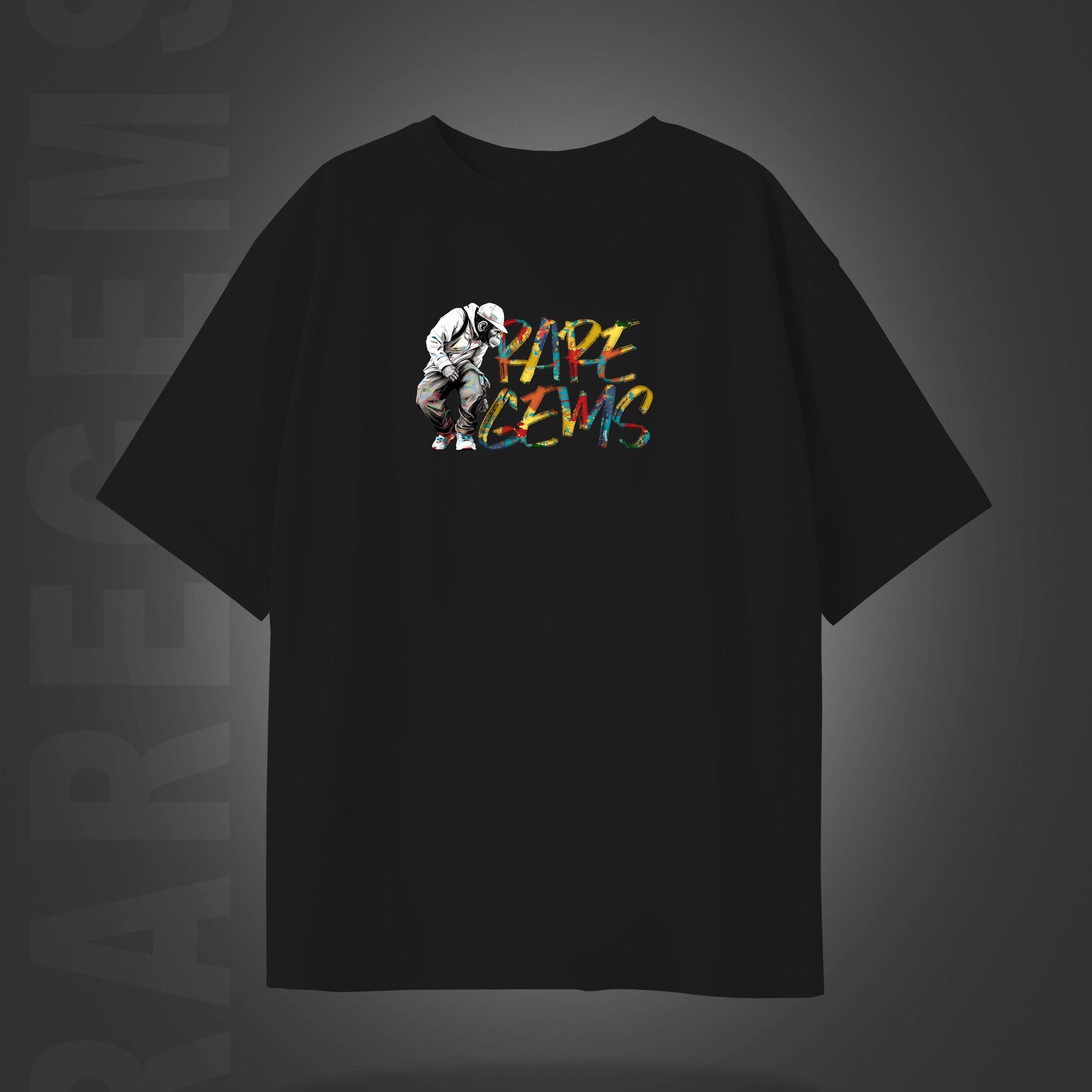Black Half Sleeve Round Neck Monkey With Raregems Printed Oversized T-Shirt