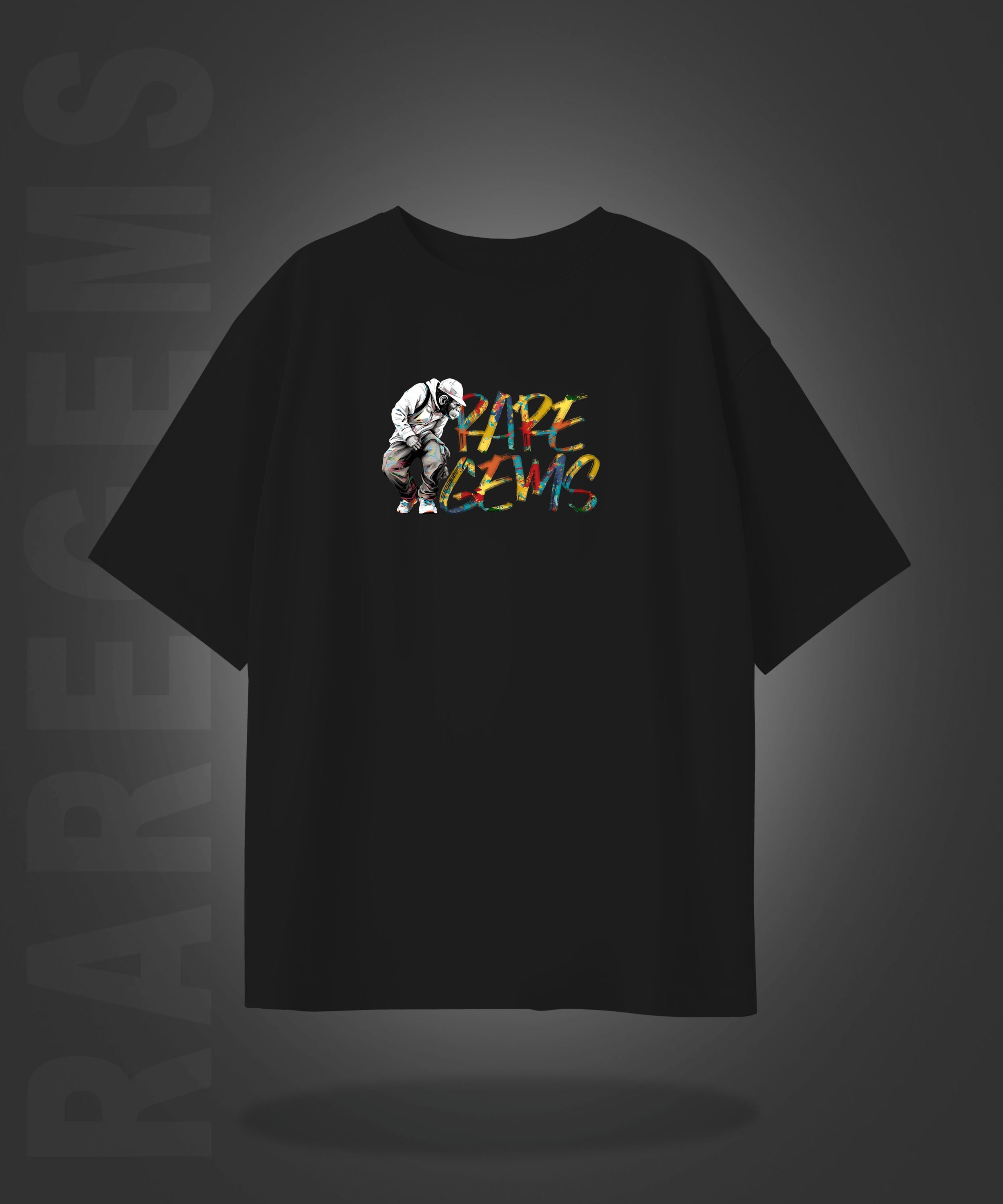 Black Half Sleeve Round Neck Monkey With Raregems Printed Oversized T-Shirt