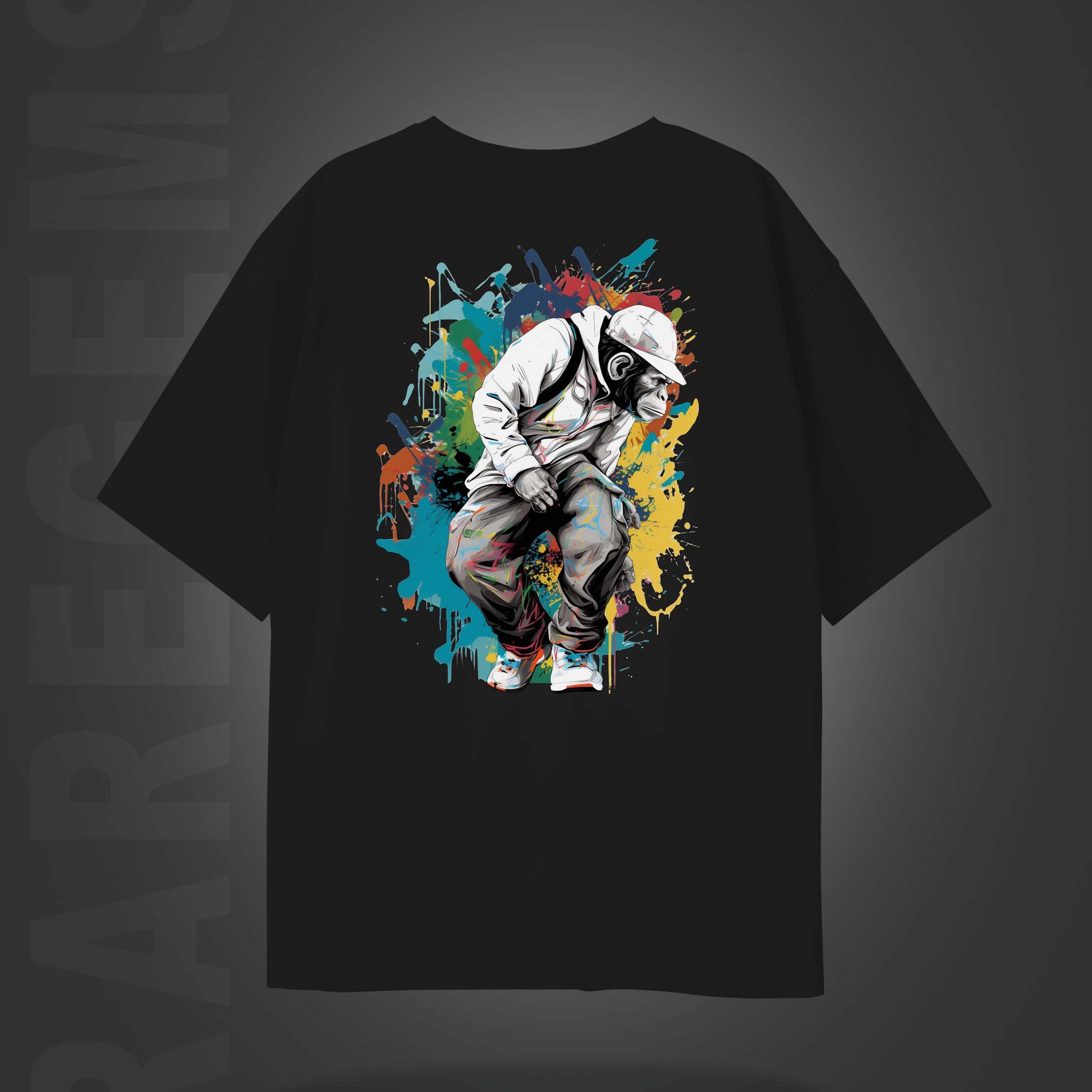 Black Half Sleeve Round Neck Monkey With Raregmes Printed  Oversize  T-Shirt
