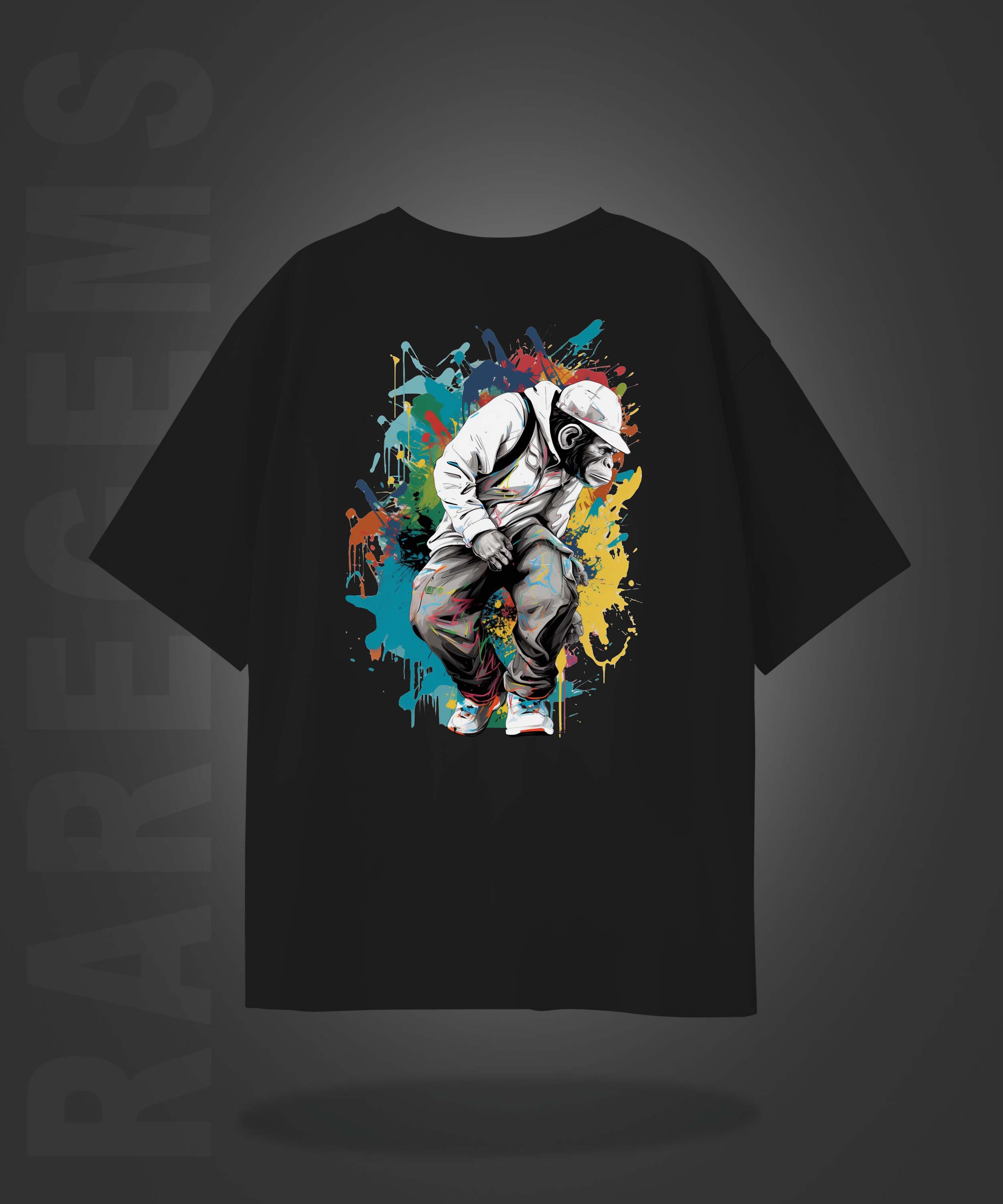 Black Half Sleeve Round Neck Monkey With Raregems Printed Oversized T-Shirt
