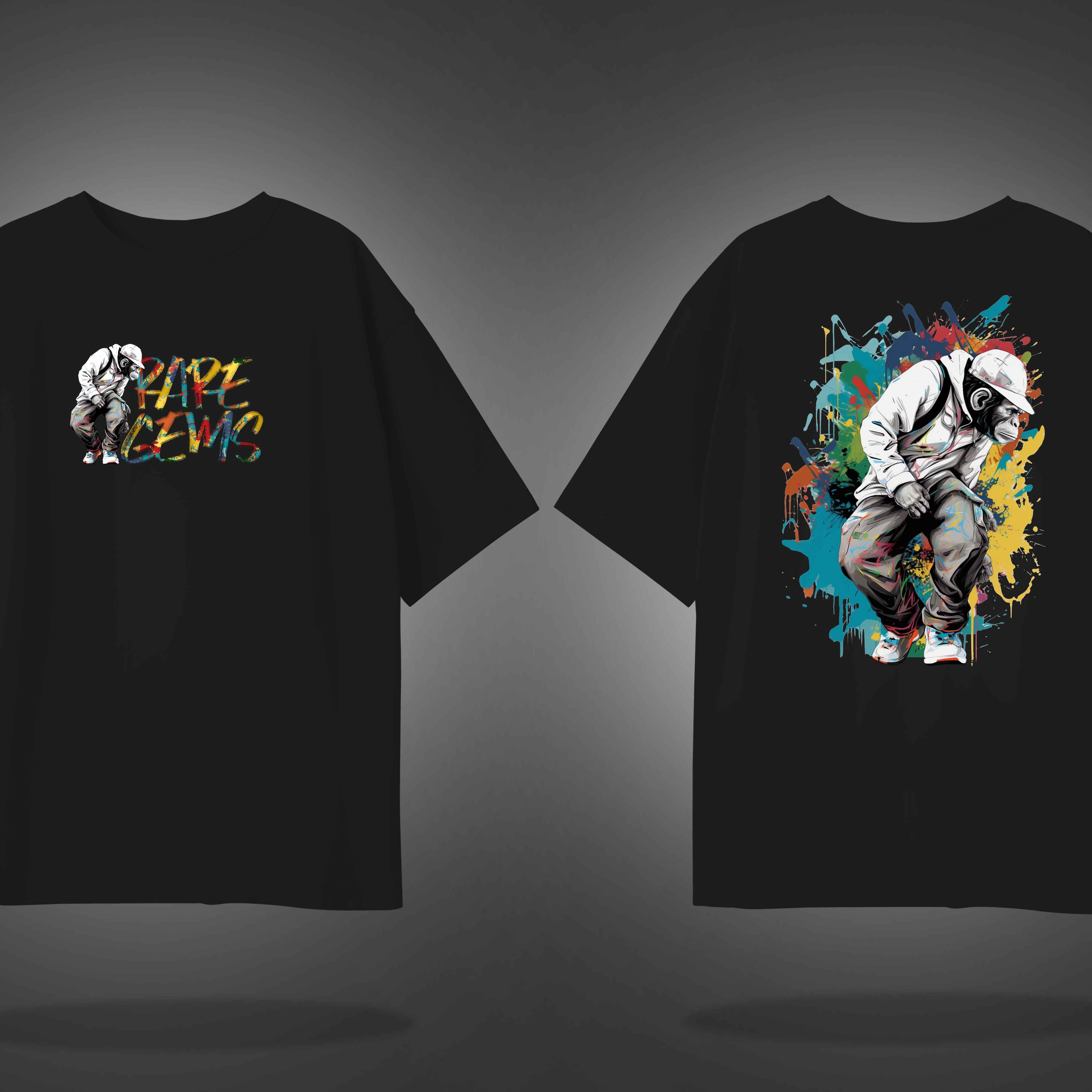 Black Half Sleeve Round Neck Monkey With Raregems Printed Oversized T-Shirt