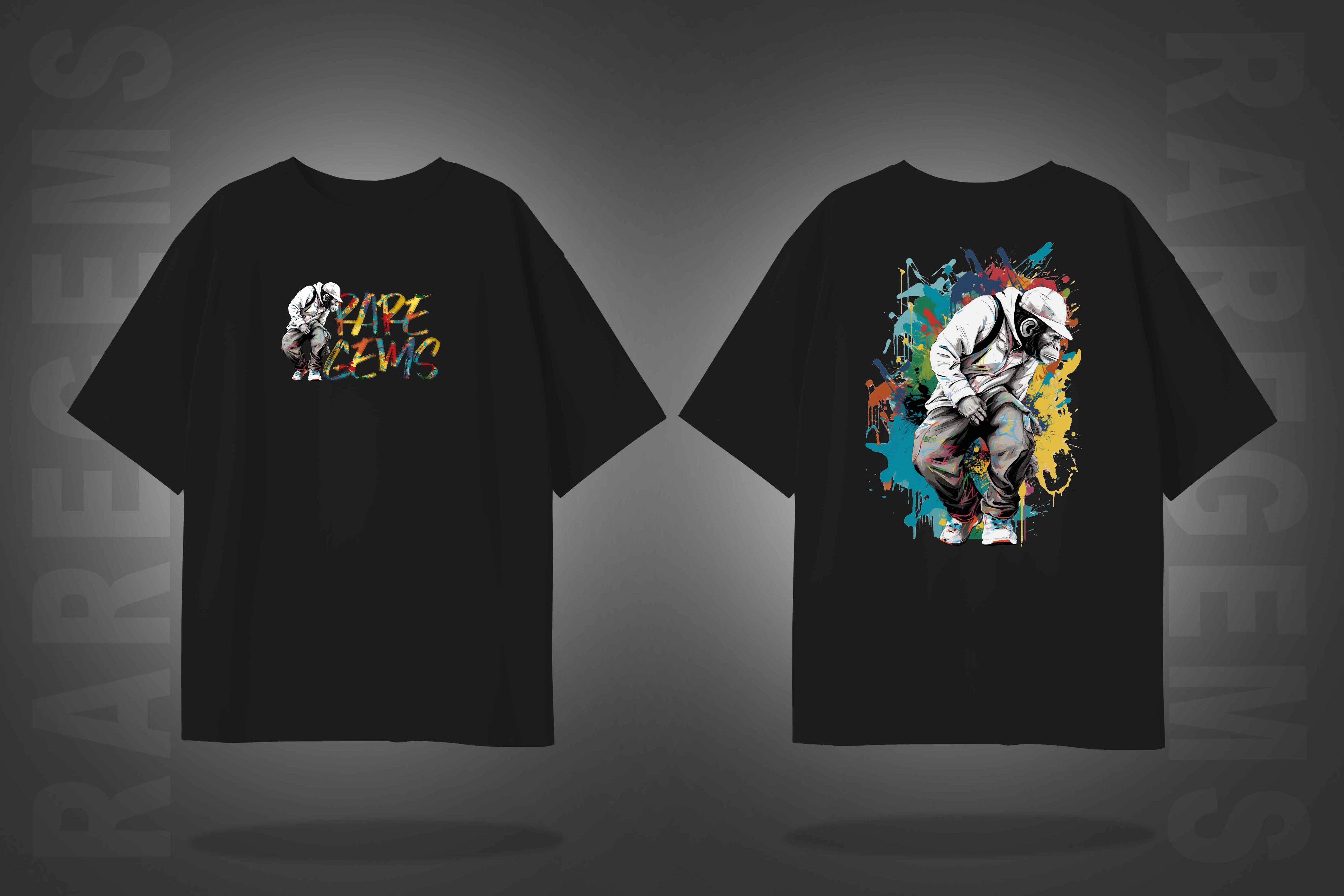 Black Half Sleeve Round Neck Monkey With Raregems Printed Oversized T-Shirt