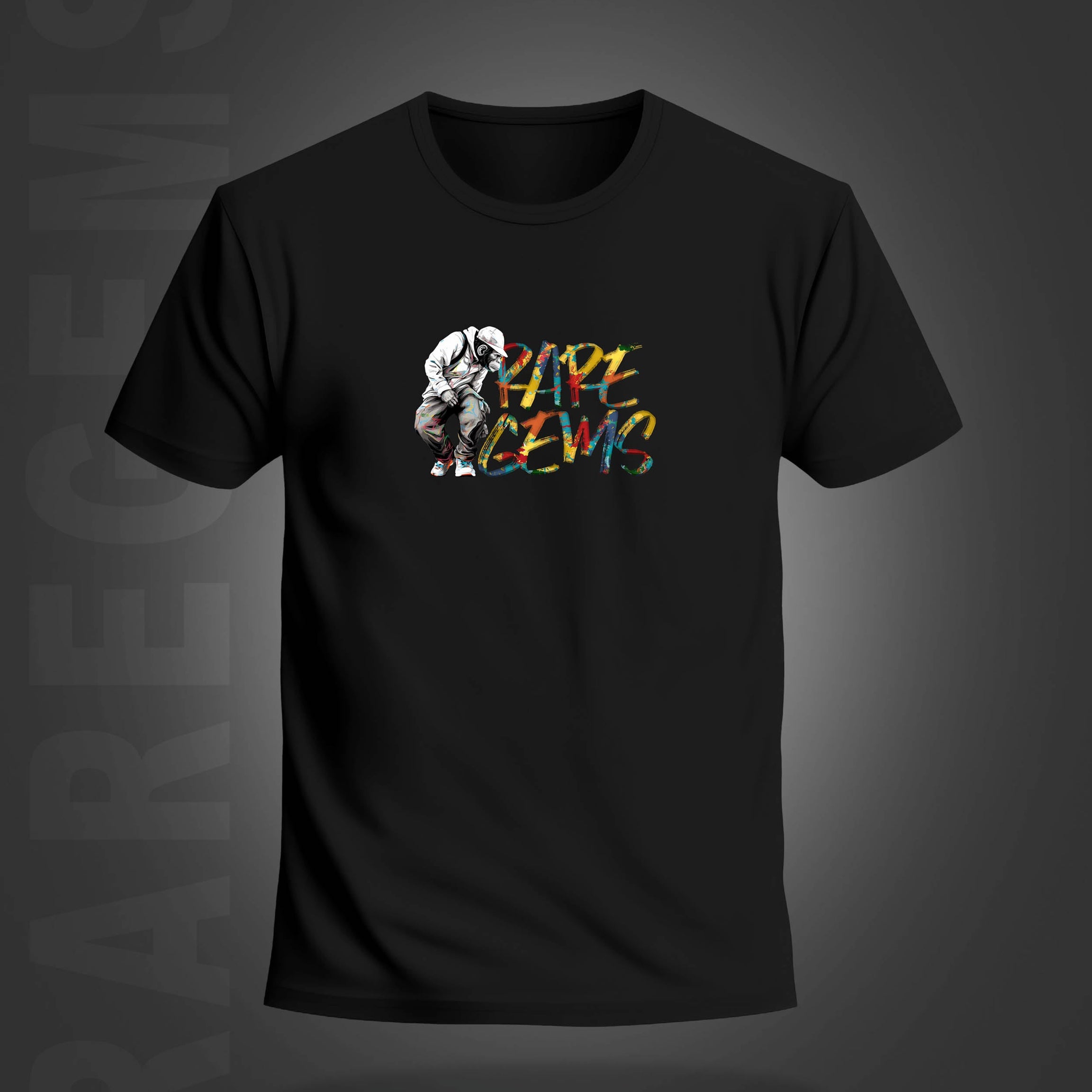 Black Half Sleeve Round Neck Monkey With Raregems Printed Regular T-Shirt