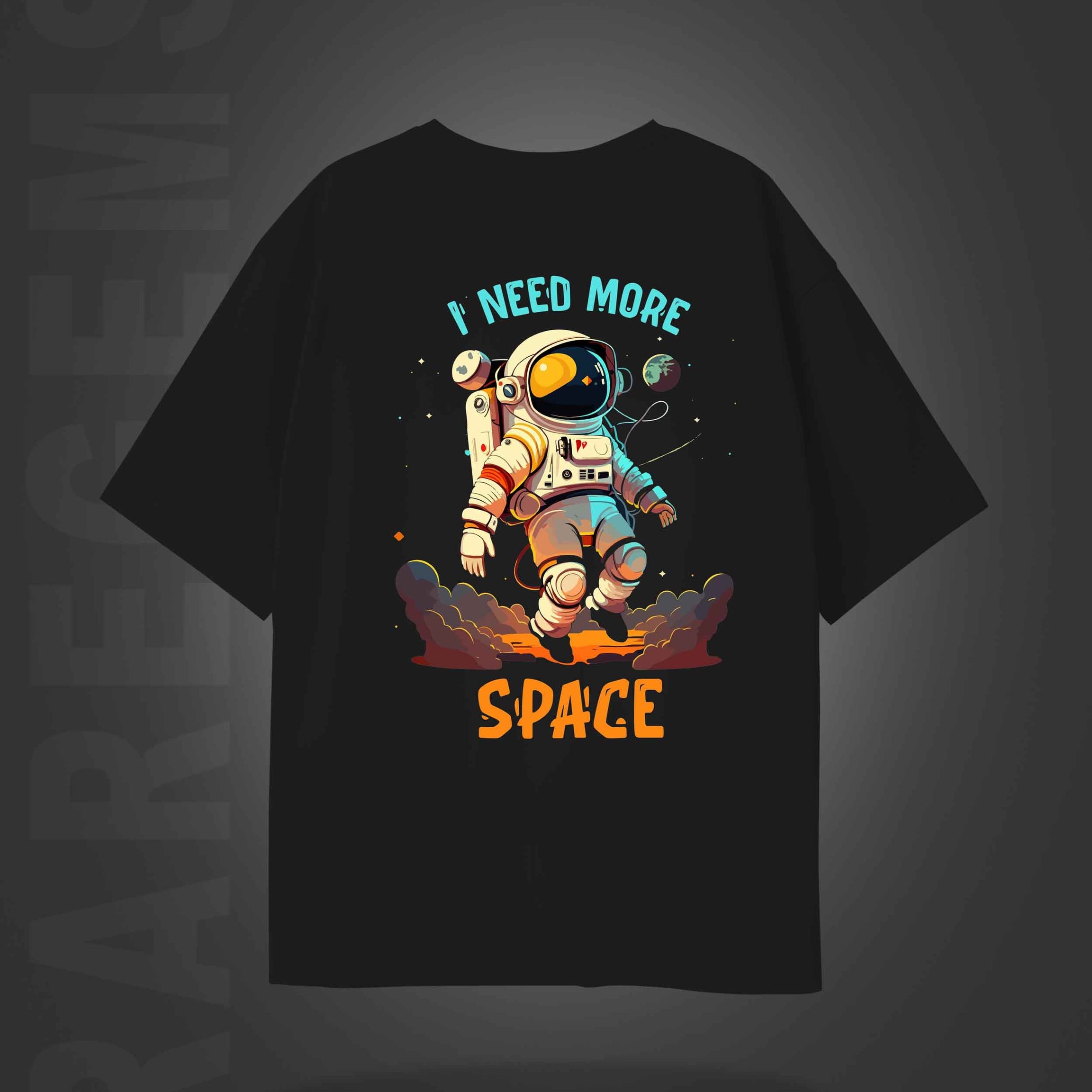 Black Half Sleeve Round Neck I Need More Space Astronaut Printed Oversized T-Shirt