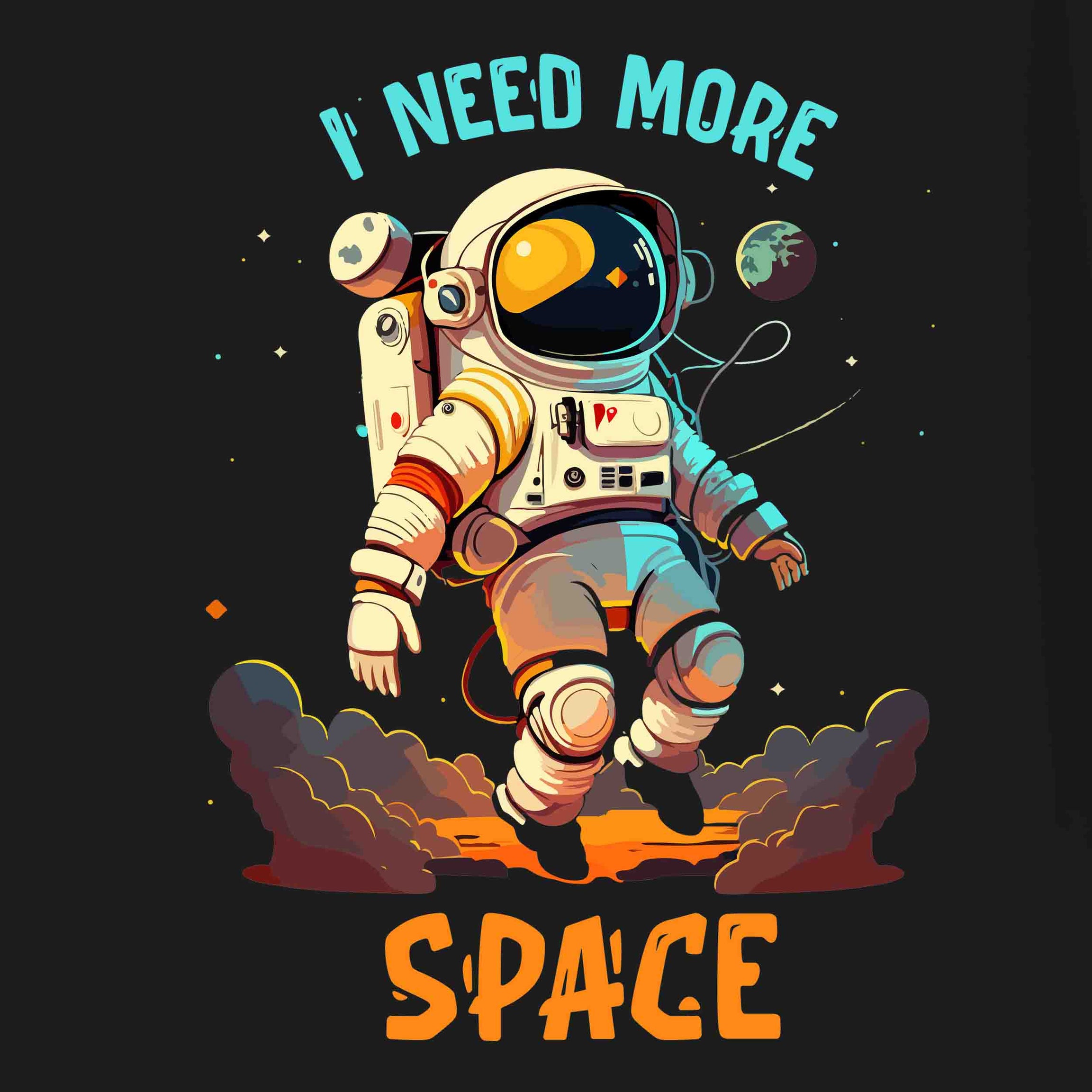 Black Half Sleeve Round Neck I Need More Space Astronaut Printed Oversized T-Shirt