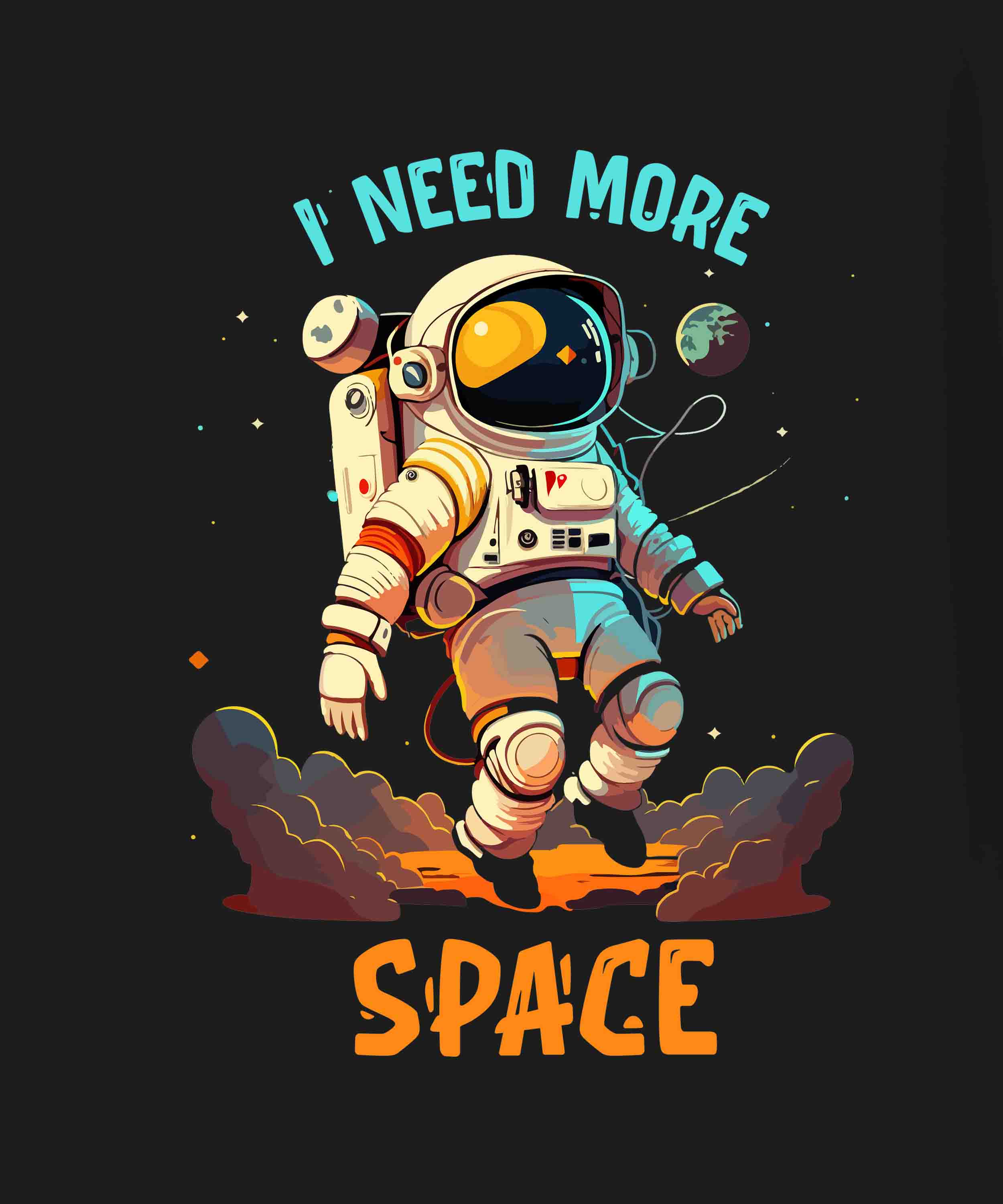 Black Half Sleeve Round Neck I Need More Space Astronaut Printed Oversized T-Shirt
