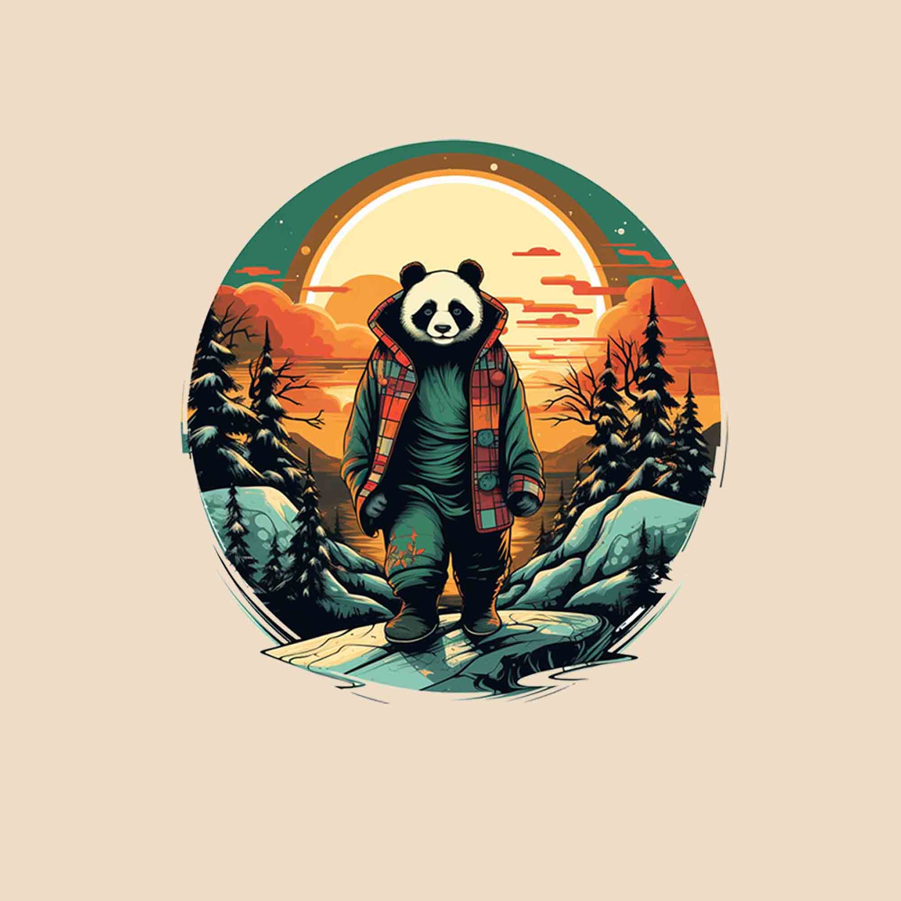 Beige Half Sleeve Round Neck Panda In Sunset Printed Oversized T-Shirt