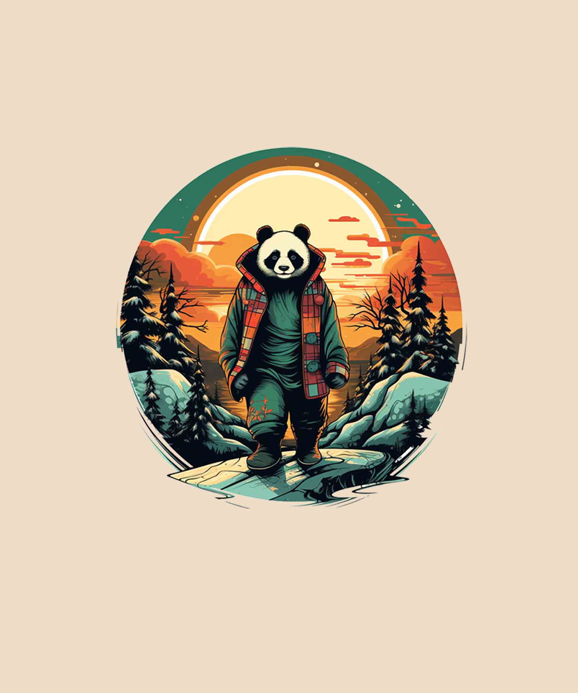 Beige Half Sleeve Round Neck Panda In Sunset Printed Regular T-Shirt
