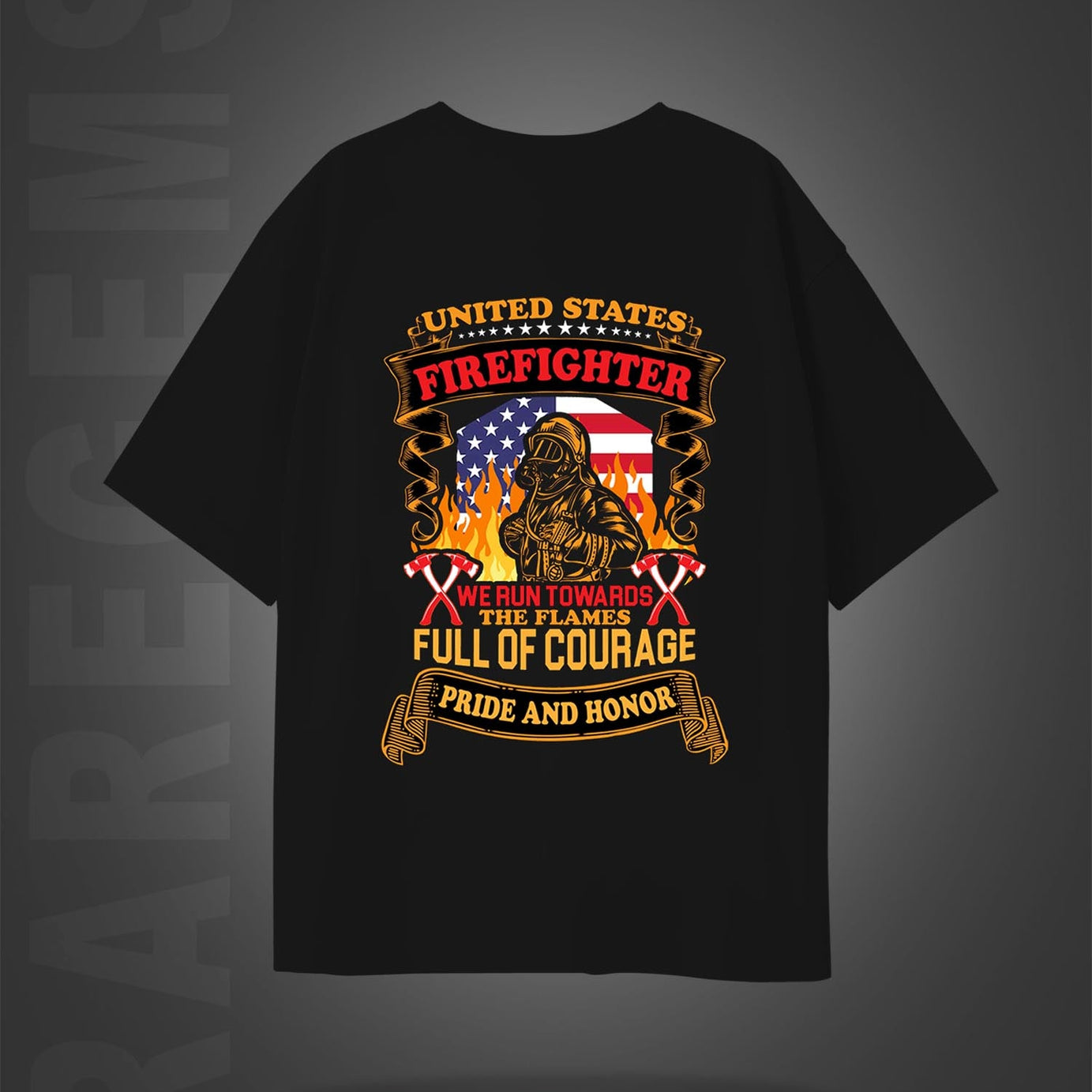 Black Half Sleeve Round Neck Firefighter Printed Oversized T-Shirt