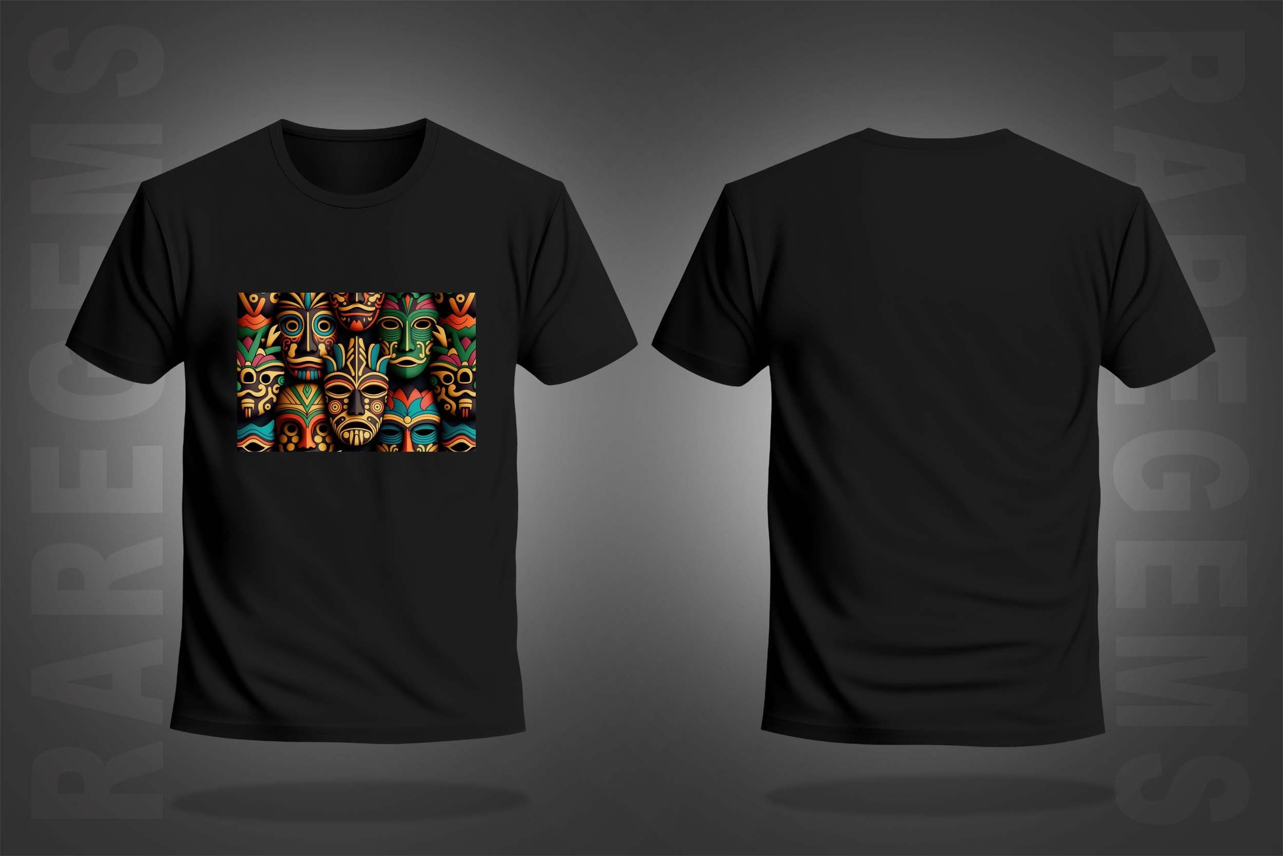 Black Half Sleeve Round Neck Colorful Tribal Mask Printed Regular T-Shirt