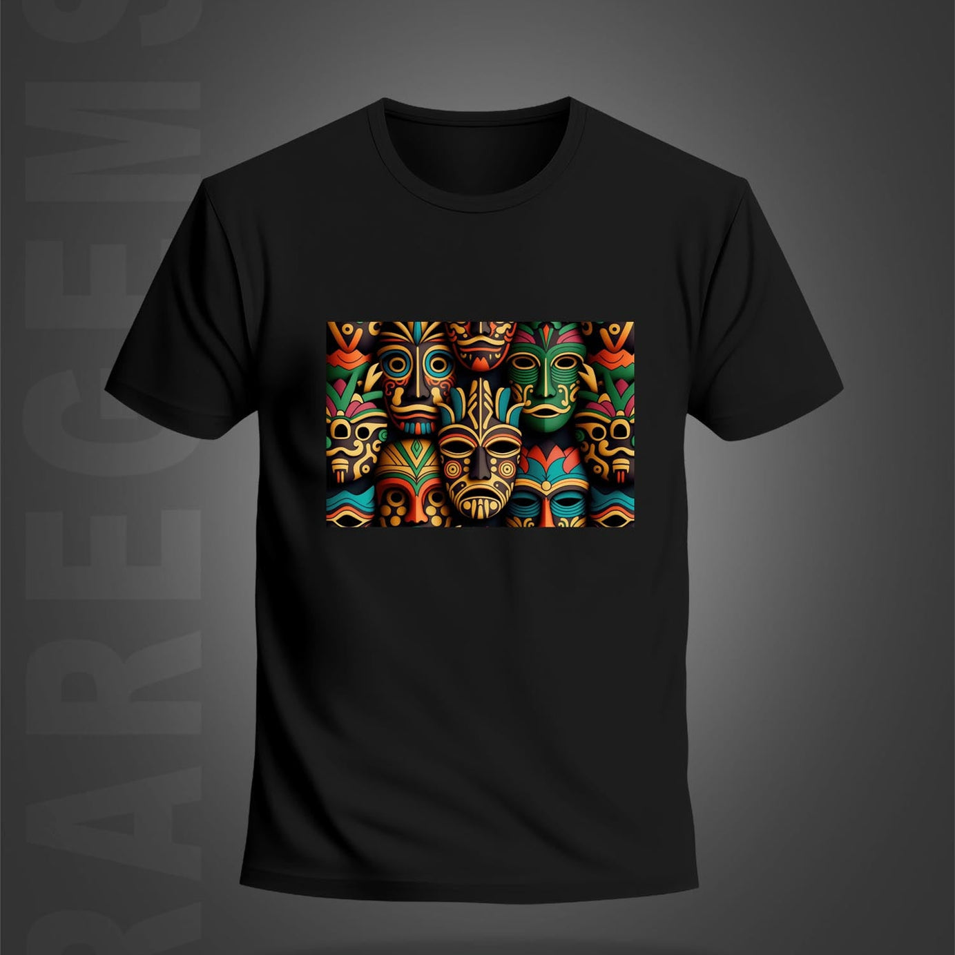 Black Half Sleeve Round Neck Colorful Tribal Mask Printed Regular T-Shirt