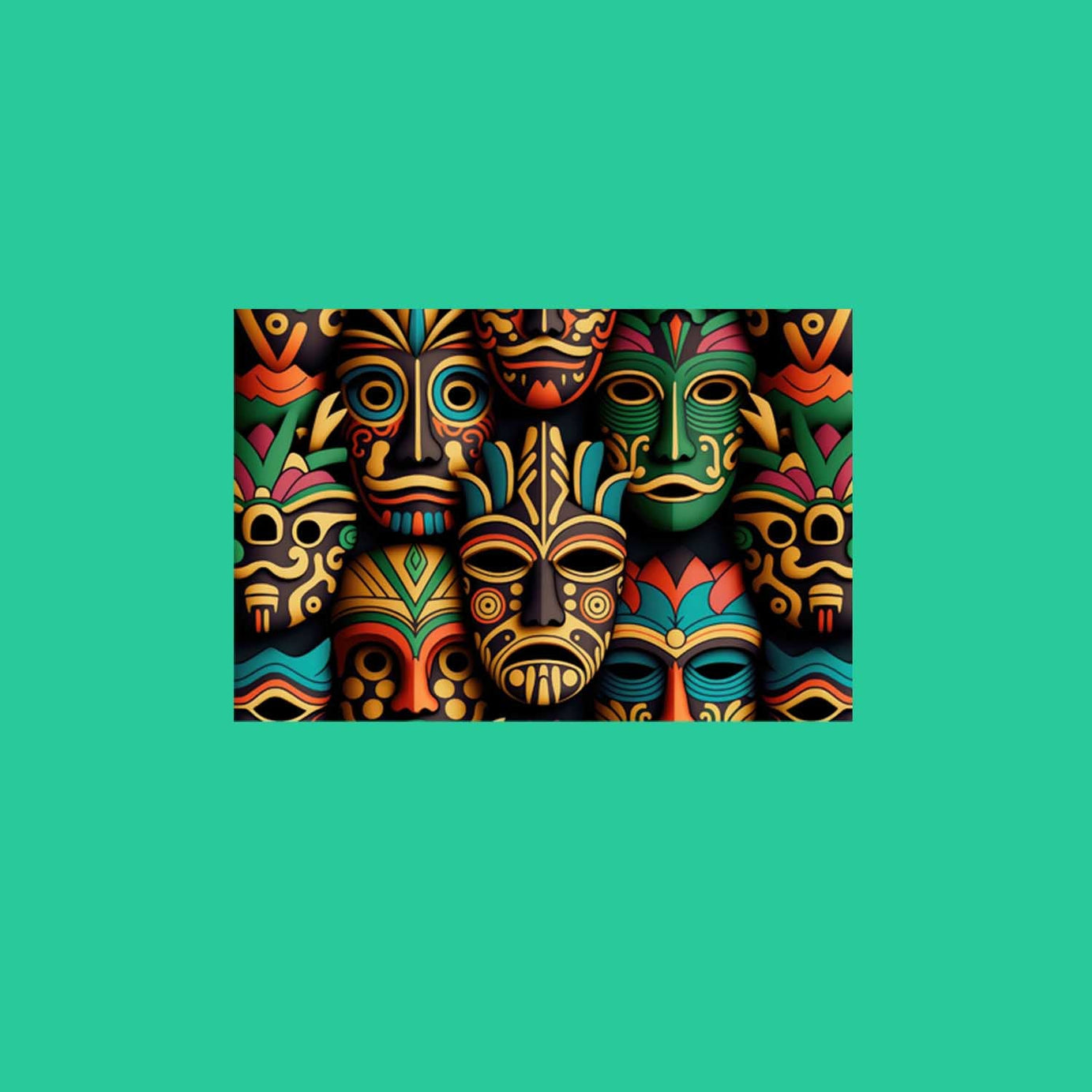 Mint Green Half Sleeve Round Neck Colorful Tribal Mask Printed Regular T-Shirt