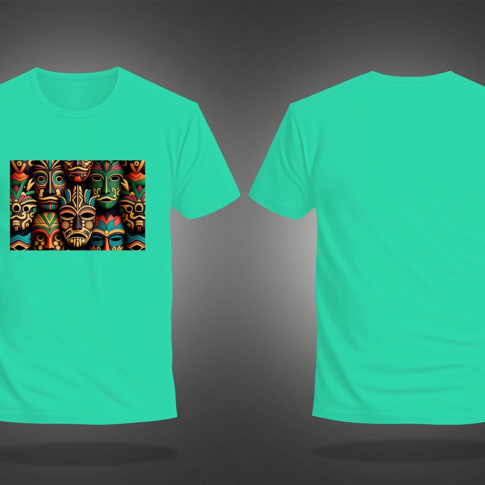Mint Green Half Sleeve Round Neck Colorful Tribal Mask Printed Regular T-Shirt