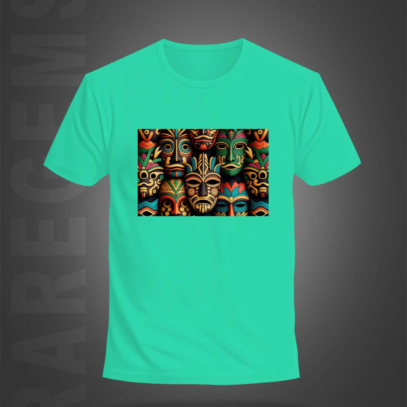Mint Green Half Sleeve Round Neck Colorful Tribal Mask Printed Regular T-Shirt