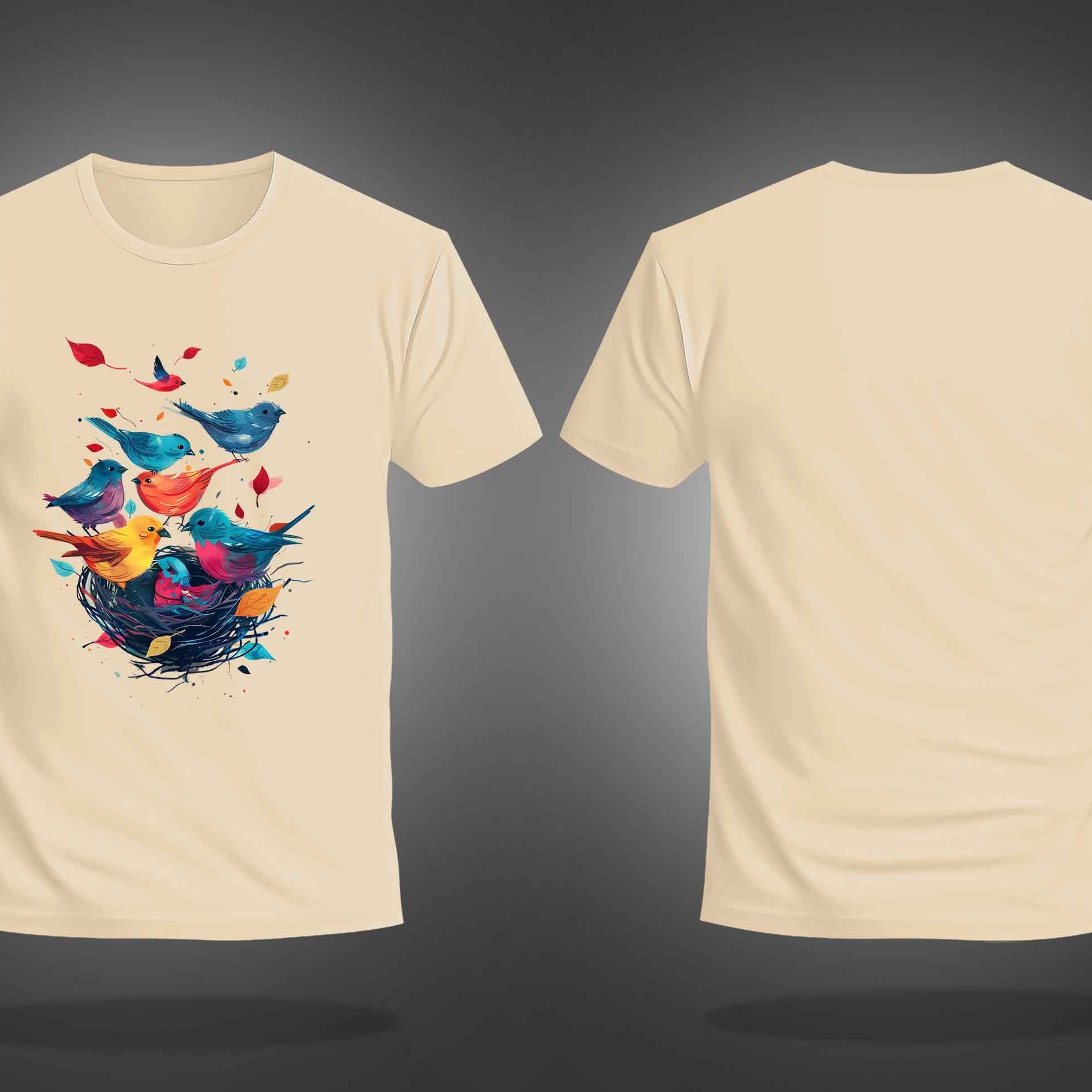 Beige Half Sleeve Round Neck Colorful Bird And Nest Printed Regular T-Shirt