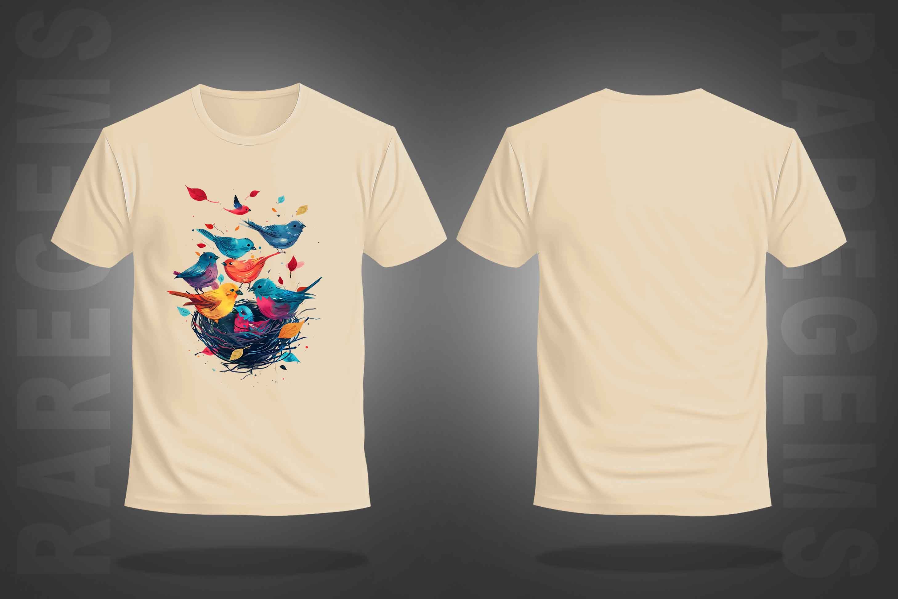 Beige Half Sleeve Round Neck Colorful Bird And Nest Printed Regular T-Shirt