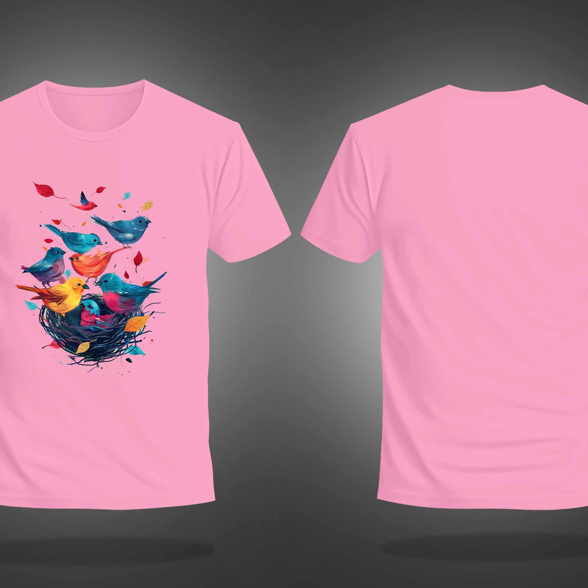 Pink Half Sleeve Round Neck Colorful Bird And Nest Printed Regular T-Shirt