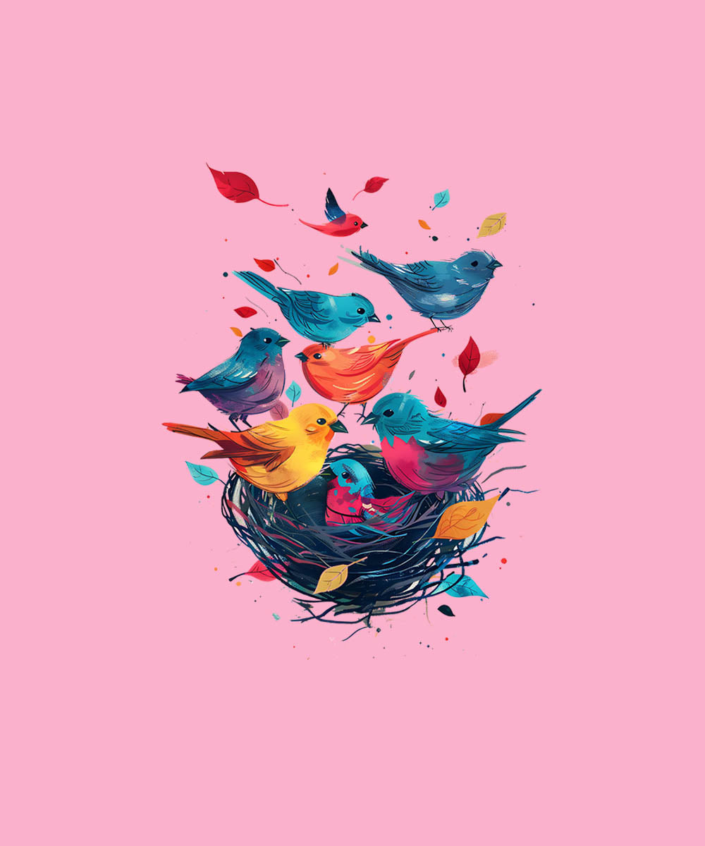 Pink Half Sleeve Round Neck Colorful Bird And Nest Printed Regular T-Shirt