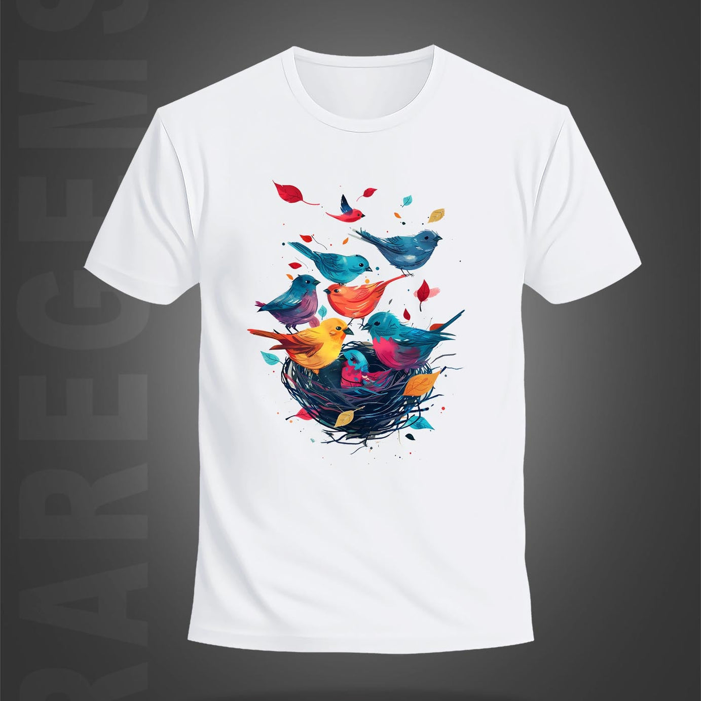 White Half Sleeve Round Neck Colorful Bird And Nest Printed Regular T-Shirt