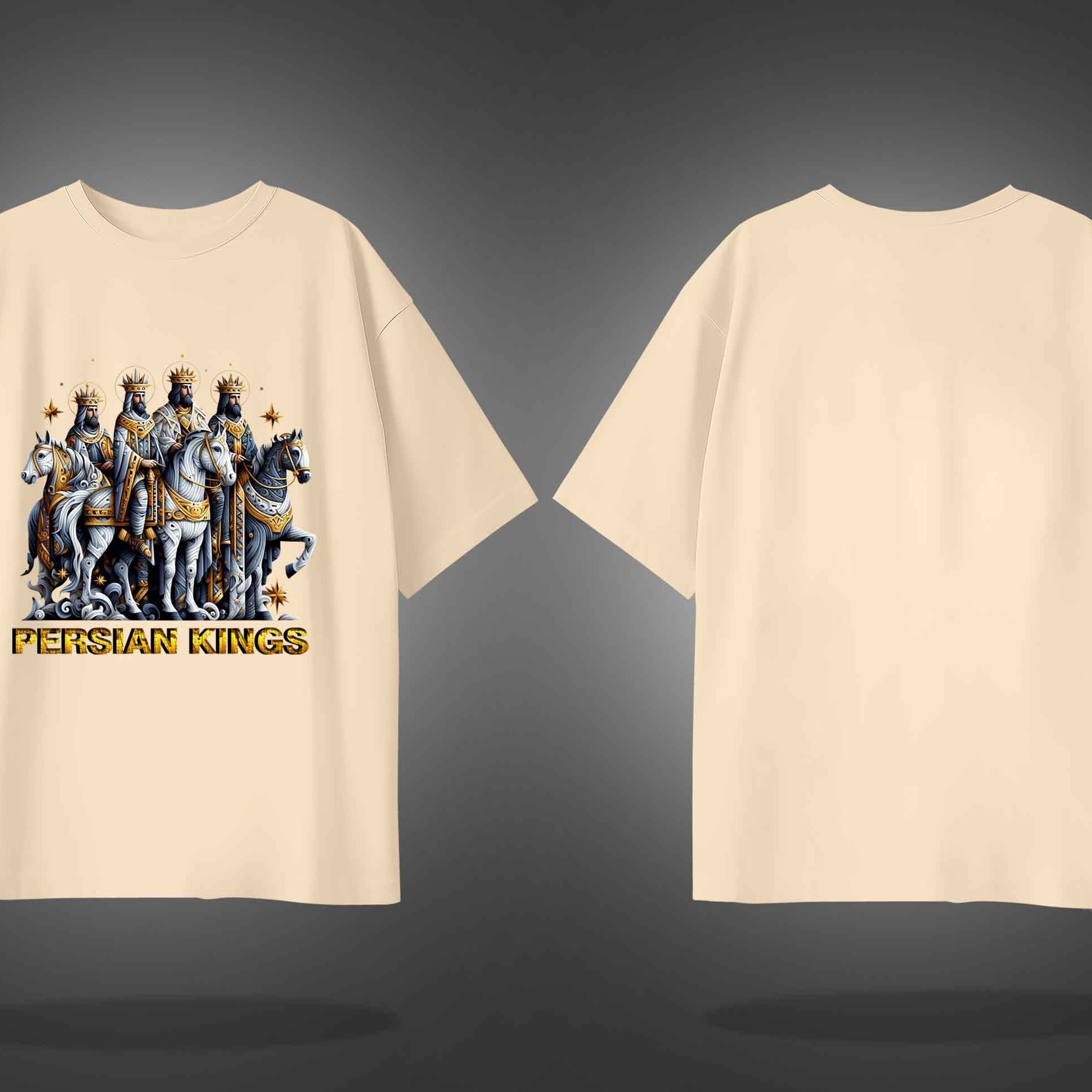 Beige Half Sleeve Round Neck Persian Kings Printed Oversized T-Shirt