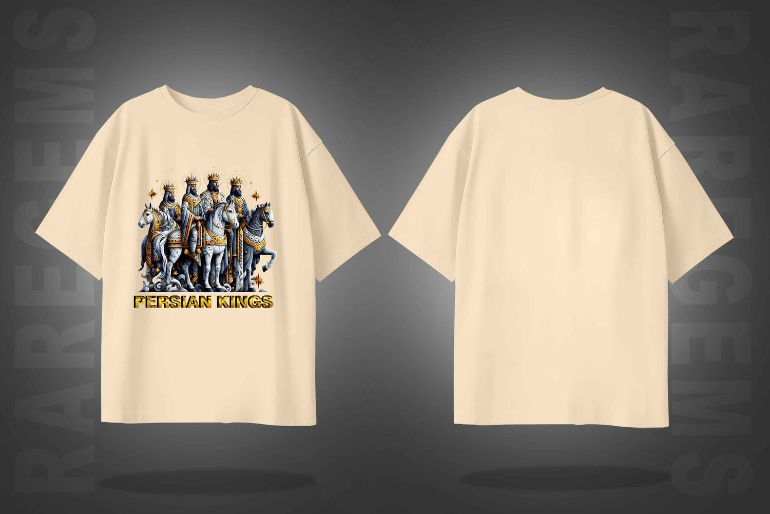 Beige Half Sleeve Round Neck Persian Kings Printed Oversized T-Shirt