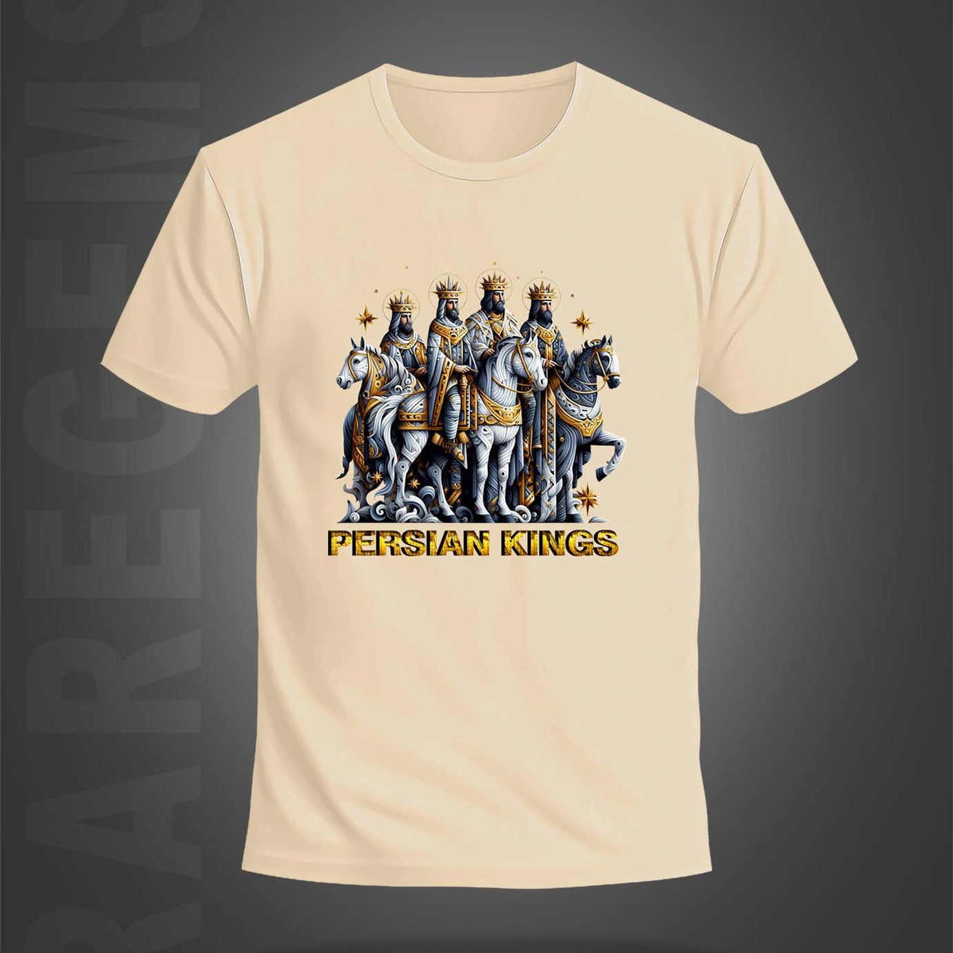 Beige Half Sleeve Round Neck Persian Kings Printed Regular T-Shirt