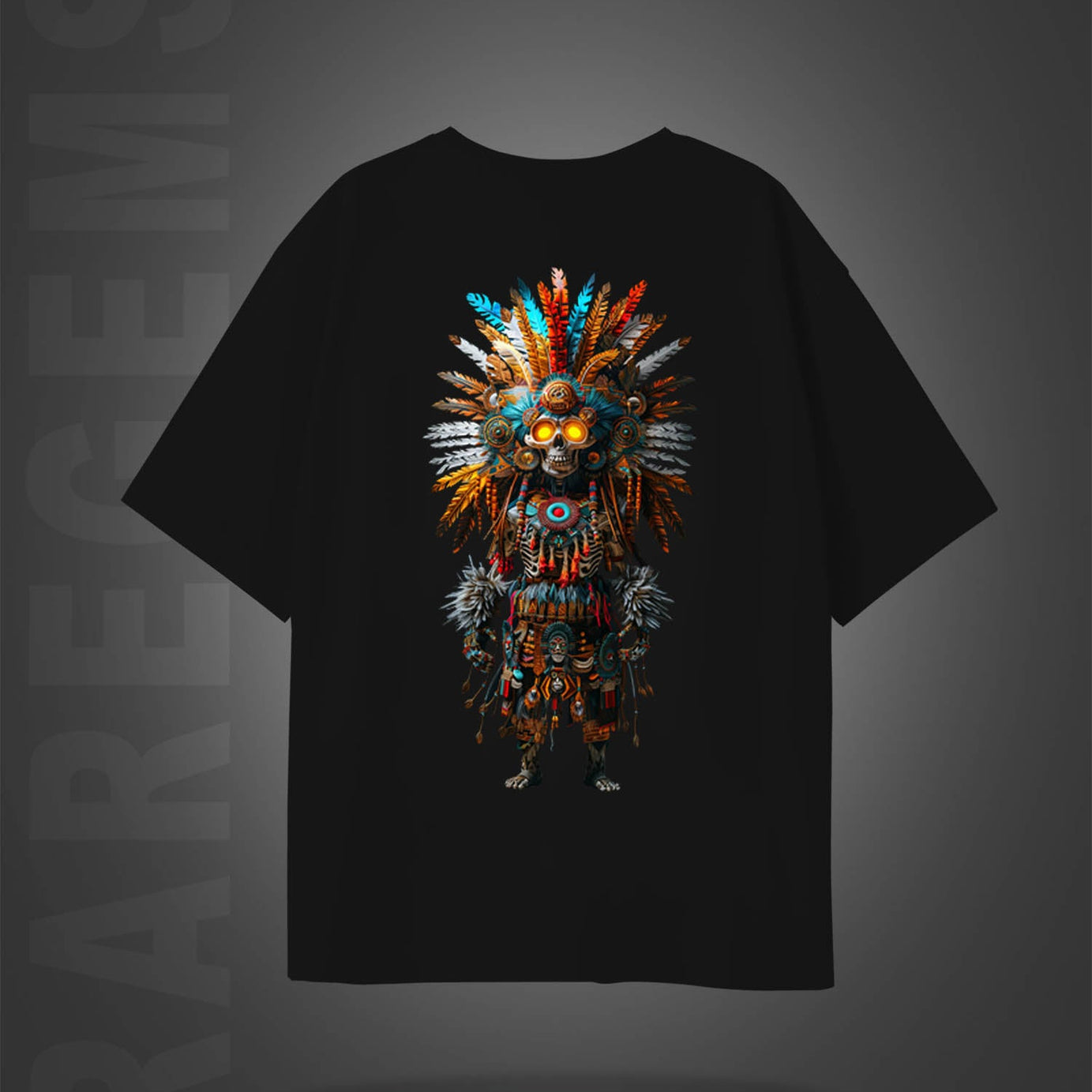 Black Half Sleeves Tribal Skeleton Printed Oversized T-Shirt
