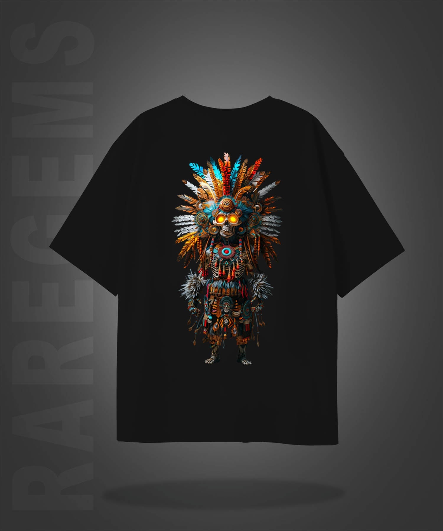 Black Half Sleeves Tribal Skeleton Printed Oversized T-Shirt