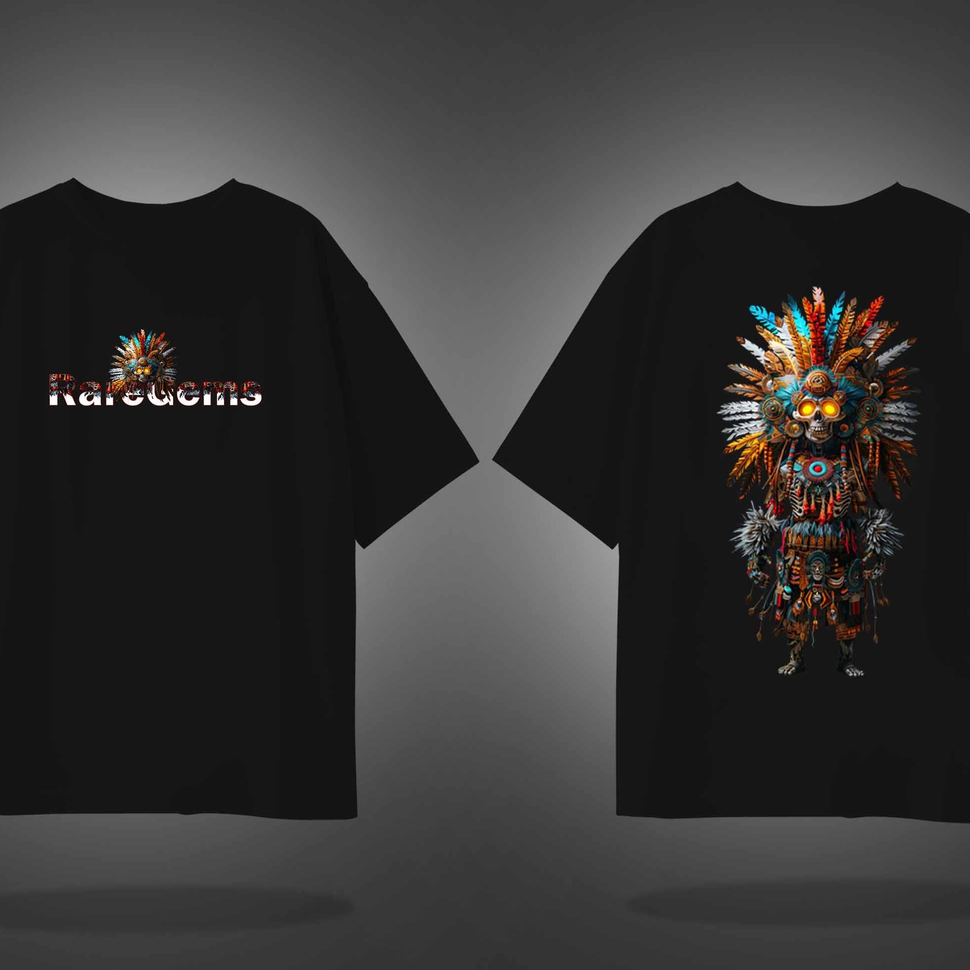 Black Half Sleeves Tribal Skeleton Printed Oversized T-Shirt
