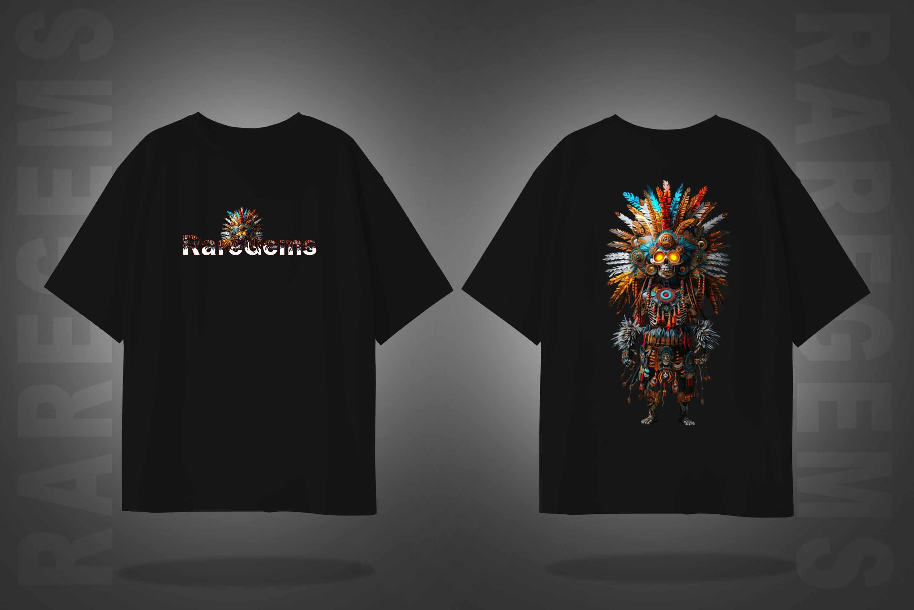 Black Half Sleeves Tribal Skeleton Printed Oversized T-Shirt