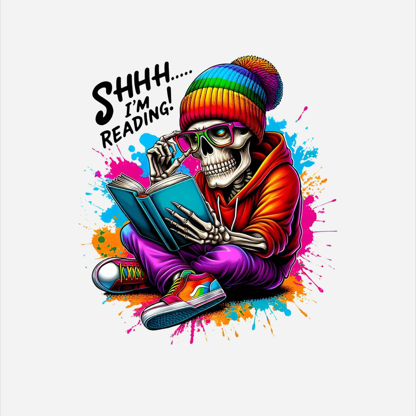 White Skeleton Reader Printed Regular Hoodie