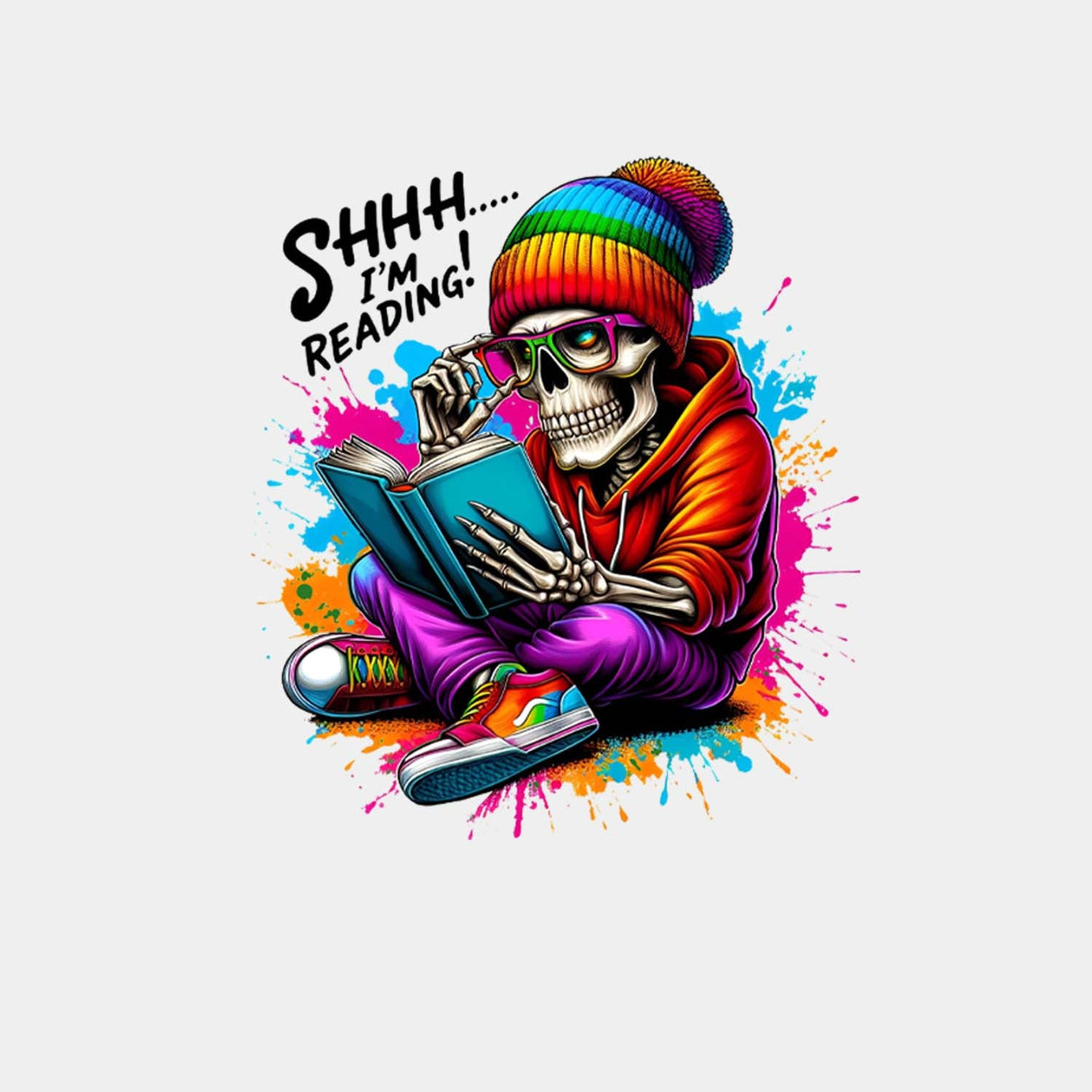 White Half Sleeve Round Neck Skeleton Reader Printed Oversized T-Shirt