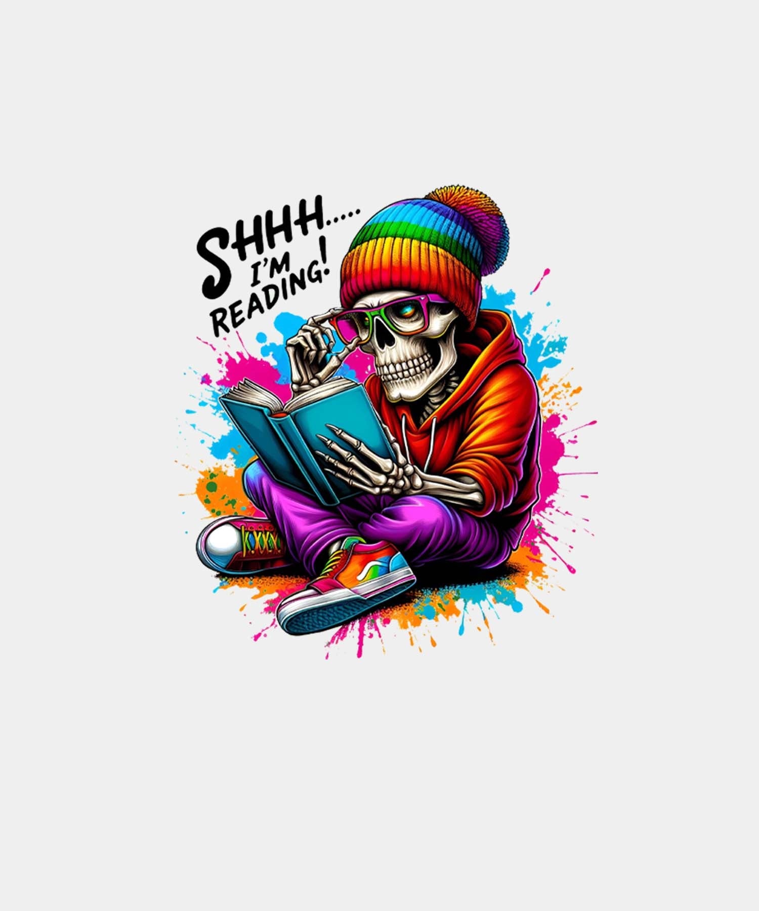 White Half Sleeve Round Neck Skeleton Reader Printed Oversized T-Shirt