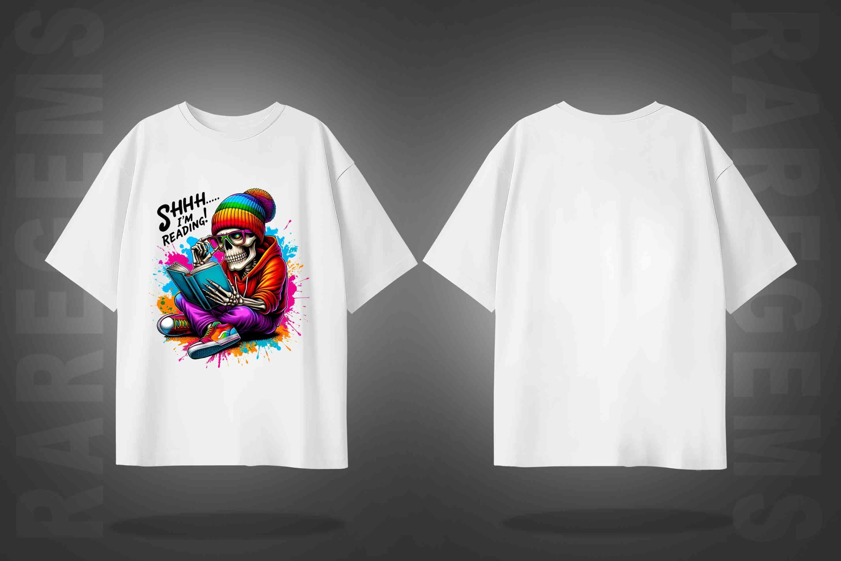 White Half Sleeve Round Neck Skeleton Reader Printed Oversized T-Shirt