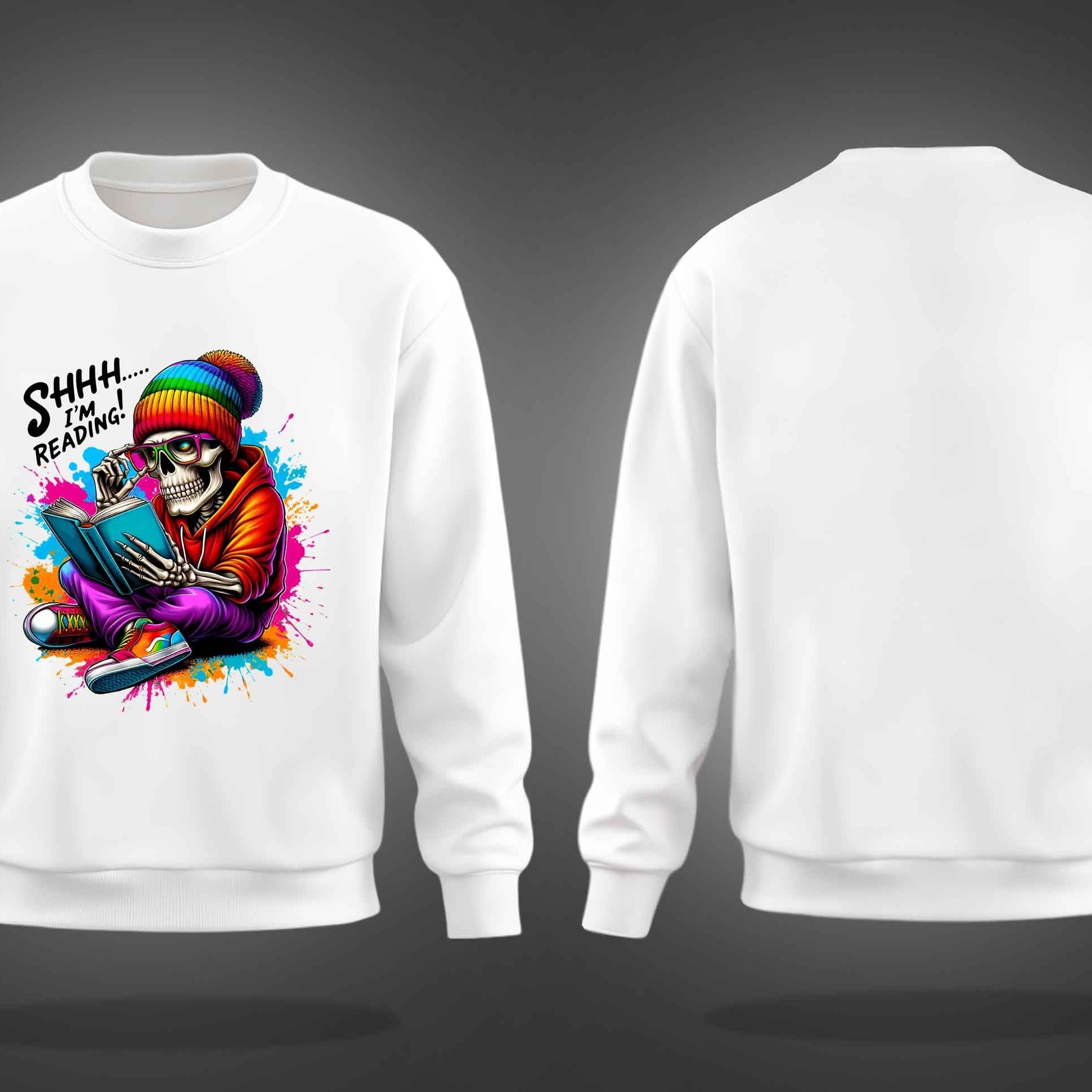 White Round Neck Skeleton Reader Printed Sweatshirt