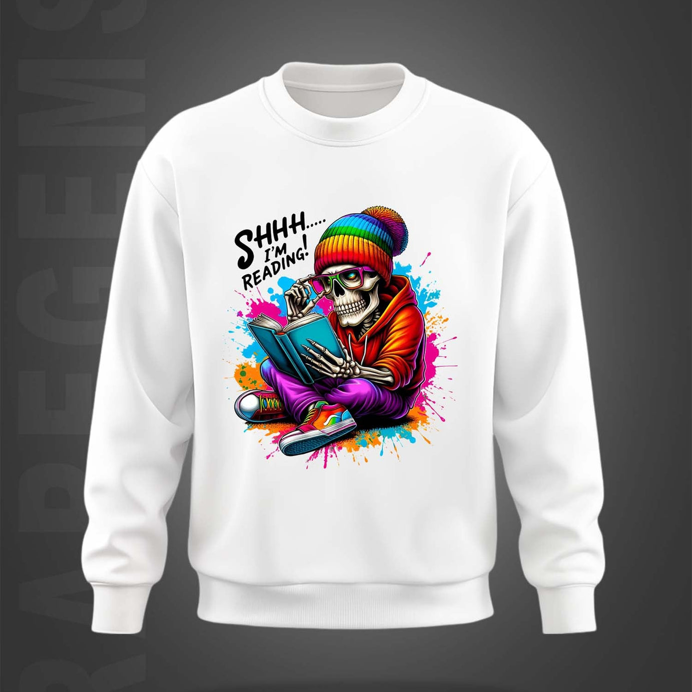 White Round Neck Skeleton Reader Printed Sweatshirt