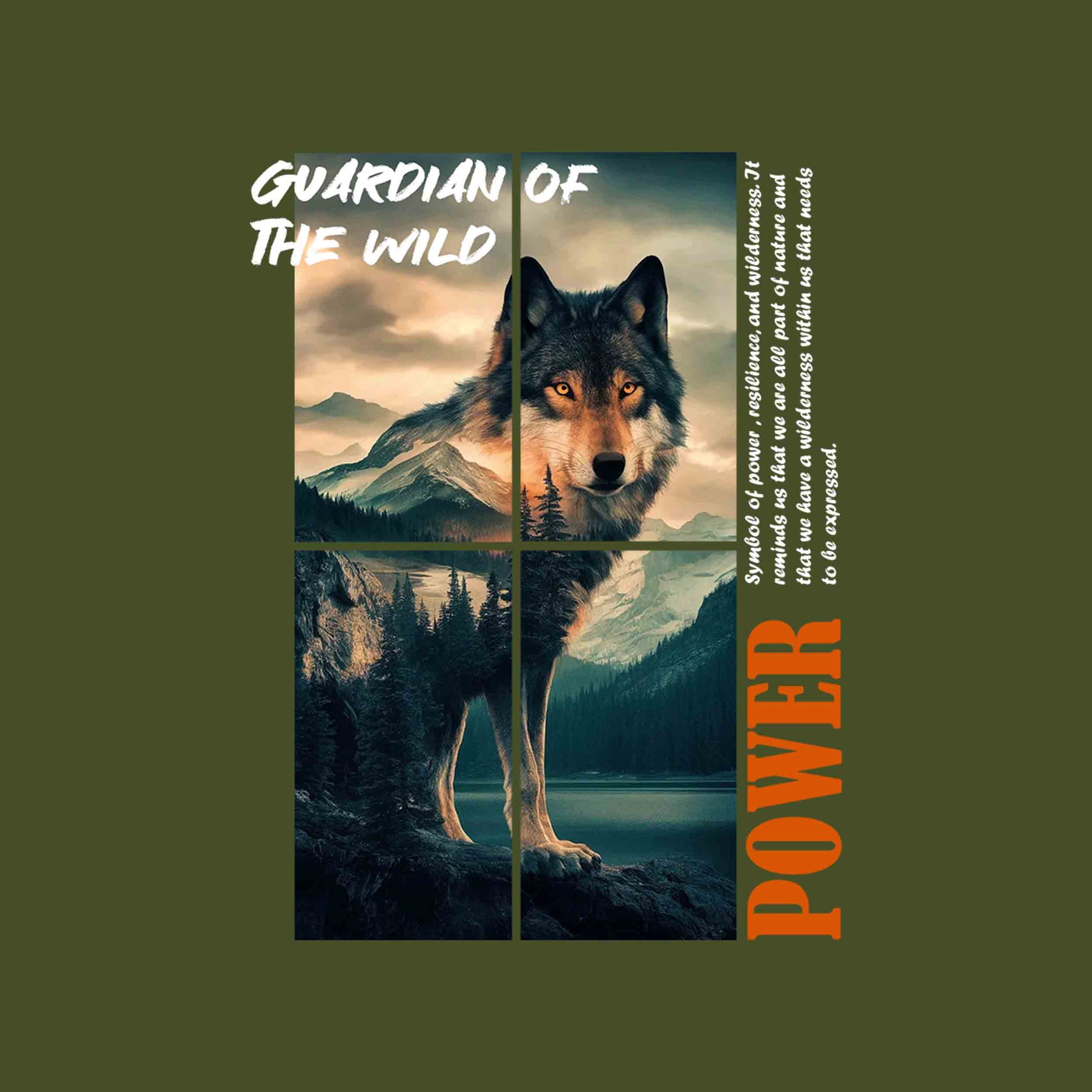 Olive Green Wolf Guardian Of Wild Printed Regular Hoodie