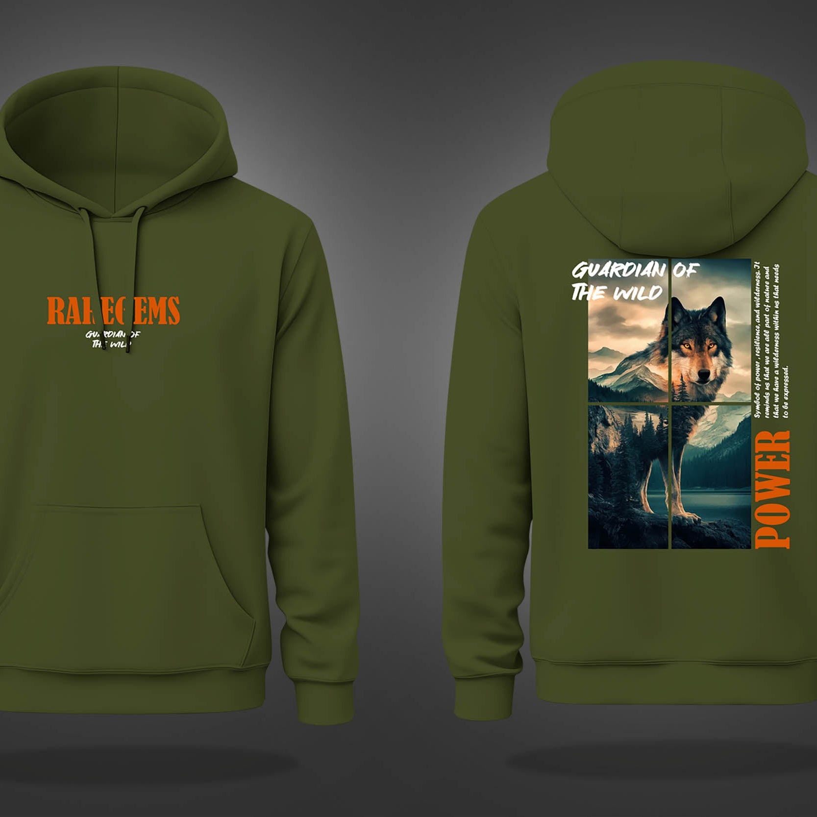 Olive Green Wolf Guardian Of Wild Printed Regular Hoodie