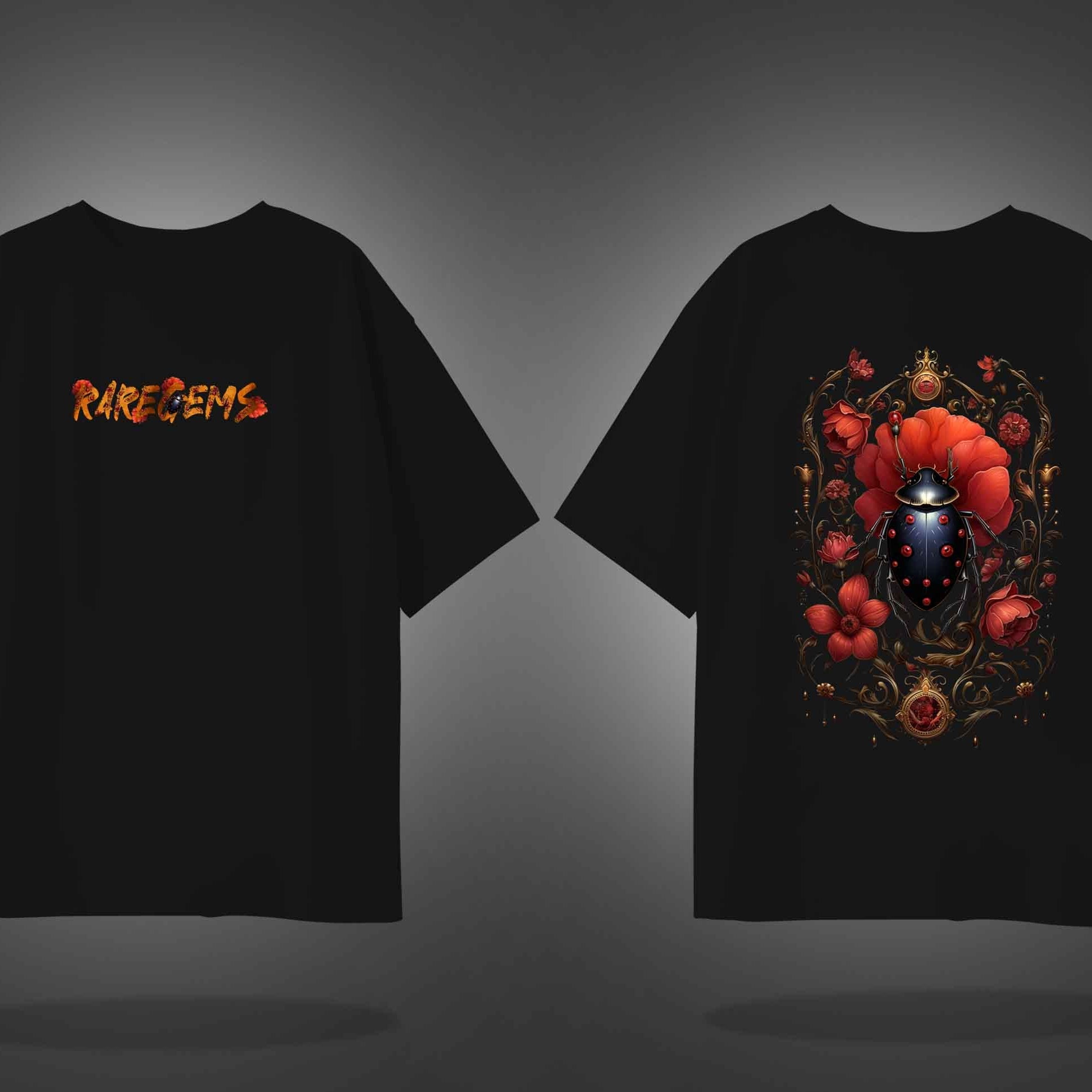 Black Half Sleeves Beetle And Bloom Printed Oversized T-Shirt